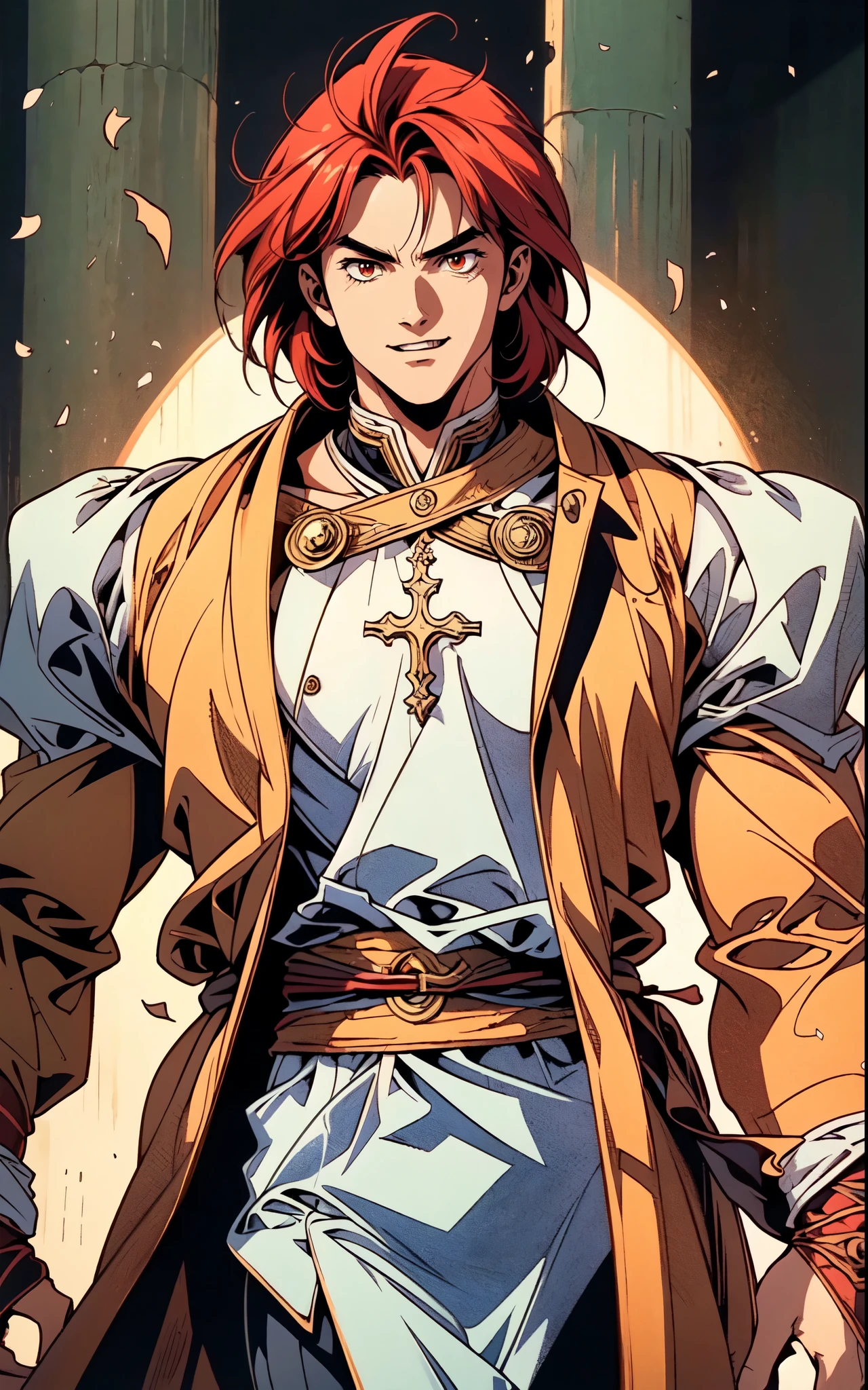(masterpiece:1.2, best quality:1.2, extremely delicate:1.2), ((male:1.5)), a middle-aged man with messy medium-length red hair, exaggeratedly arched thick eyebrows, wide red eyes, a cross-shaped scar on his forehead, he is laughing wildly, a wild expression, a tall and muscular build, a fantasy martial arts style two piece orange yellow robe coat, a sash wrapped around his waist, skirt and trousers, stands majestically before a million-strong army, this character embodies a finely crafted fantasy martial arts style overlord in anime style, exquisite and mature manga art style, dramatic, high definition, highres, ultra-detailed, ultra-fine painting, professional, perfect body proportions, golden ratio, anatomically correct, symmetrical face, extremely detailed eyes and face, high quality eyes, creativity, RAW photo, UHD, 32k, Natural light, cinematic lighting, (masterpiece-anatomy-perfect:1.2)