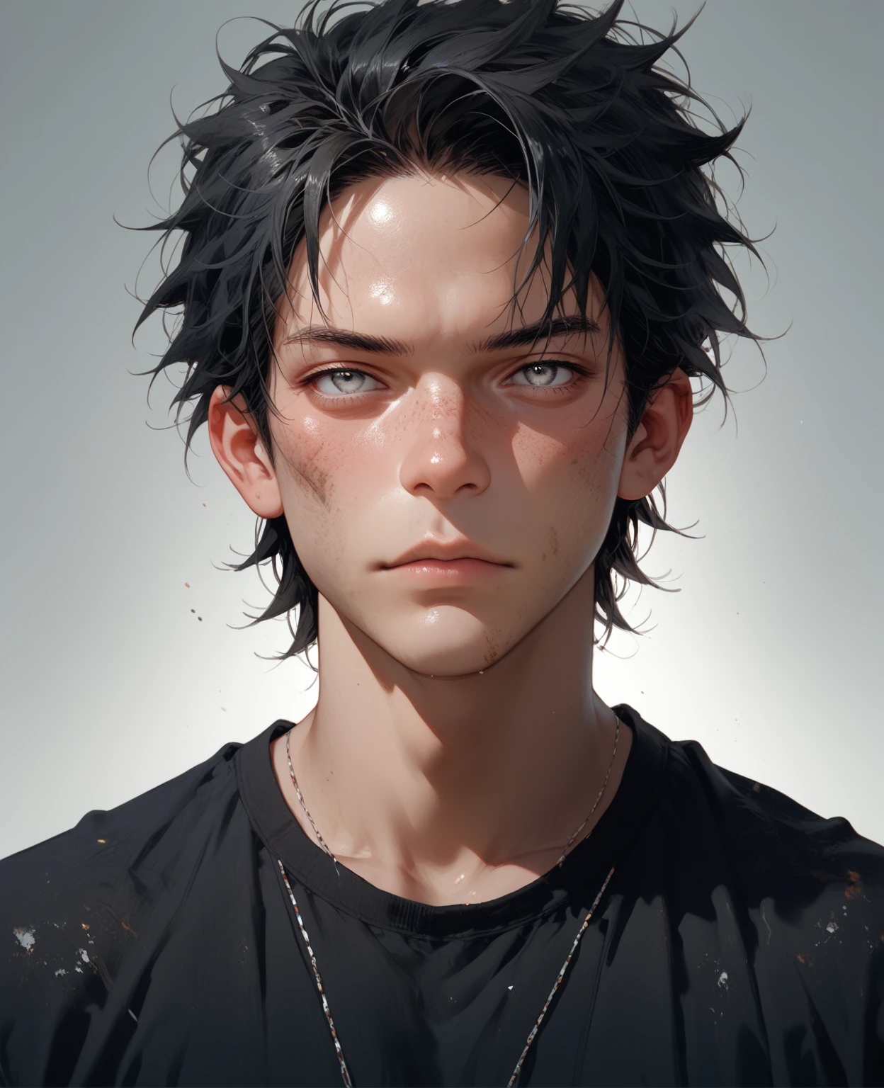 the face of an anime-style man, with an age of 28, front view, oval face, with gray eyes, with short messy black hair.