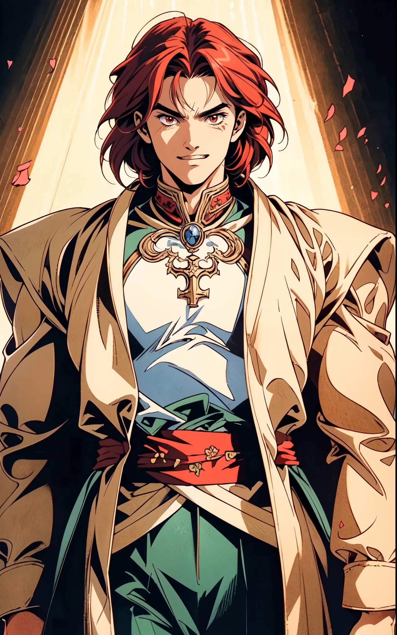 (masterpiece:1.2, best quality:1.2, extremely delicate:1.2), ((male:1.5)), a middle-aged man with messy medium-length red hair, exaggeratedly arched thick eyebrows, wide red eyes, a cross-shaped scar on his forehead, he is laughing wildly, a wild expression, a tall and muscular build, a fantasy martial arts style two piece orange yellow robe coat, a sash wrapped around his waist, skirt and trousers, stands majestically before a million-strong army, this character embodies a finely crafted fantasy martial arts style overlord in anime style, exquisite and mature manga art style, dramatic, high definition, highres, ultra-detailed, ultra-fine painting, professional, perfect body proportions, golden ratio, anatomically correct, symmetrical face, extremely detailed eyes and face, high quality eyes, creativity, RAW photo, UHD, 32k, Natural light, cinematic lighting, (masterpiece-anatomy-perfect:1.2)