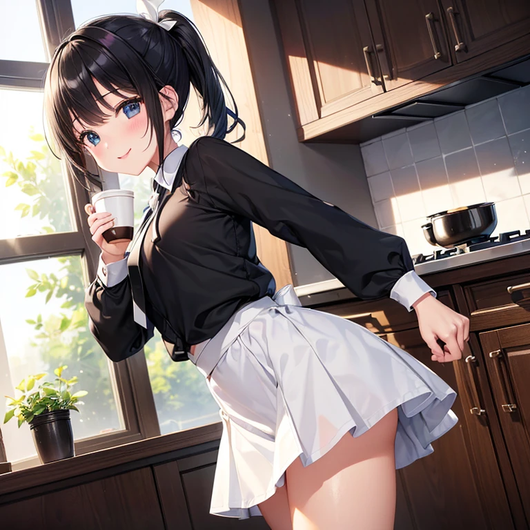 Erotic、Dimly lit bedroom、Smiling older woman at the beautician、fat、Black Hair、The woman is standing and her white panties are visible、Wearing a skirt、Pull up your skirt、Showing panties、View here、Spread your legs a little、Looking up from below　Steamy