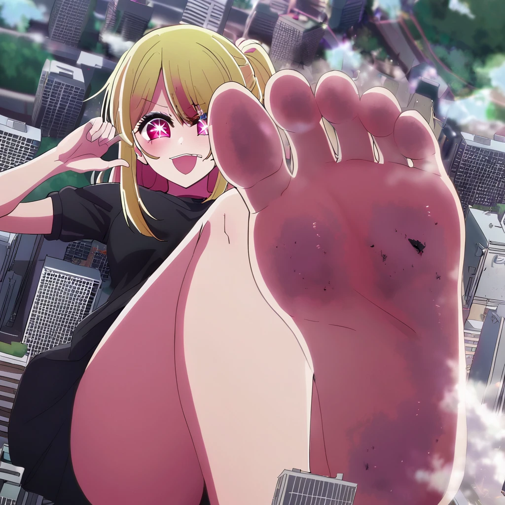 1 girl, oshi no ko, ruby hoshino, stepping,(pov from above:1.3), stepped on, pov, low angle, no shoes, feet, looking down, toes, one foot out of frame, leg lift, foot focus, barefoot, standing on one leg,  depth of field, outdoors,( foreshortening:1.2), facial blur, blurry face, building, city, sky, cloud, giantess, mega size, masterpiece, best quality, absurdres, ultra detailed, detailed smirk, glaring, blonde, 6 pointed star pupil on right eye, five toes, detailed star pupil, full body shown, stinky feet, dirty feet