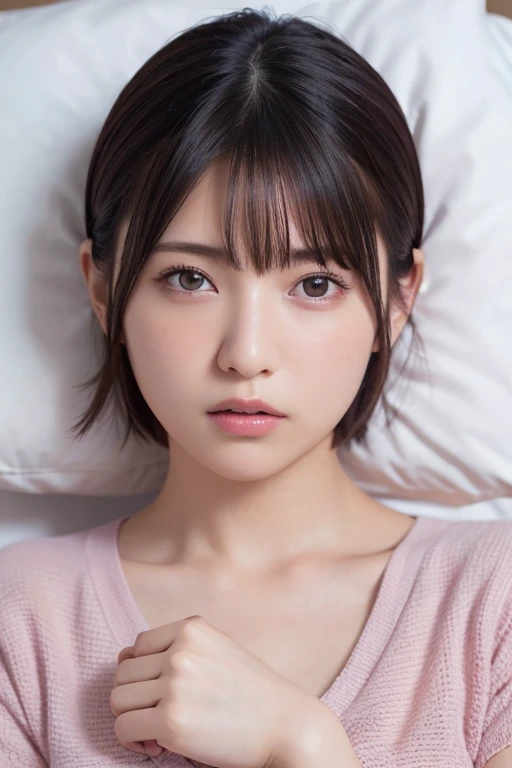 masterpiece, Best Quality, One Woman, (RAW Photos, Best Quality), (reality, Realistic:1.4)、sexy、iris、Very detailed eyes and face, Beautiful and detailed nose, beautiful eyes, Perfect Anatomy、Short Hair、Brunette Hair、Pink Shirt、Mid-chest、Troubled expression、Face Focus、Hands above head、pillow、Sleep on the bed、