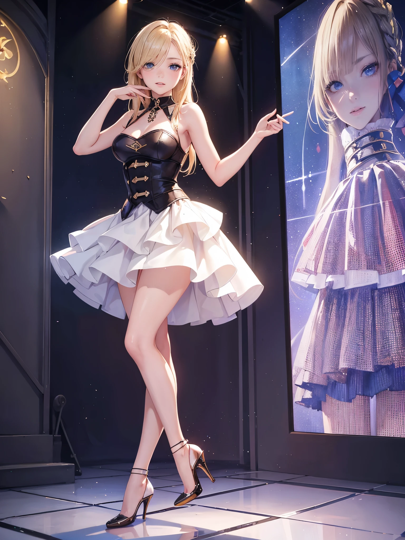 cute Japanese girl in a Maxi Dress: Floor-length dress that can be fitted or flowy, perfect for casual or formal occasions.  Dress Pixie Cut: Short and edgy. . hair style, blond hairs hairs,, blue dress, gaming , smiling face, short dress full straight standing pose, 14yo student, , Full body, modern girl, games girl, Simple white background,,, design sheet, HD, full body, standing, modern futuristic dress, front view