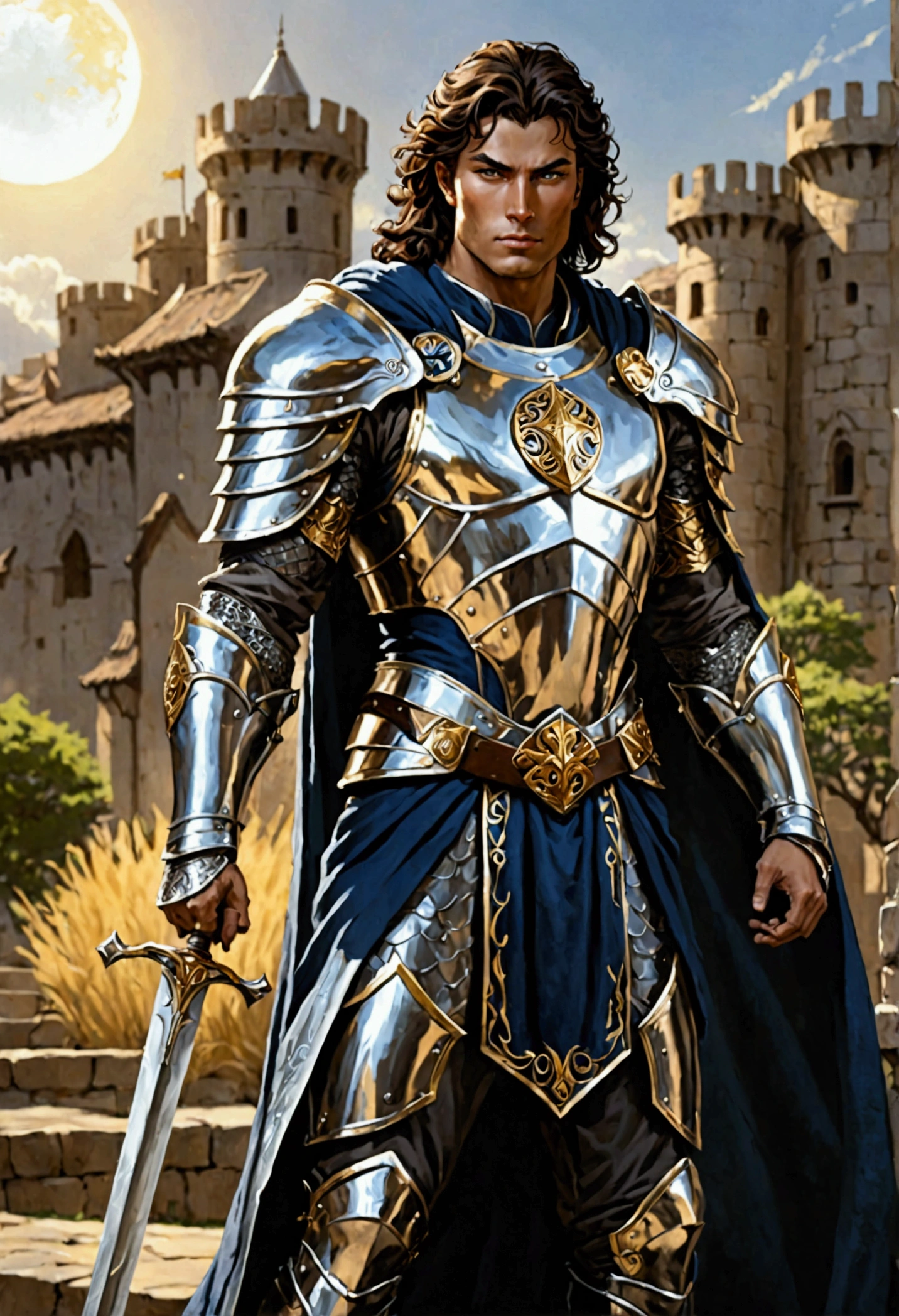 A woman named Elara, with a look that inspires confidence and an unwavering determination. His face, Tanned by the sun and the wind, reflects a life dedicated to protection and justice. his eyes, hazel, They shine with a sharp intelligence and a ferocity that only activates when faced with injustice.. Elara is a female paladin of average height, with an agile and muscular body, forged by years of training. His armor, Made of polished steel and decorated with sacred symbols, protects your body without restricting mobility. He wears a dark blue cape, that waves in the wind as a symbol of his nobility and his commitment to justice. In his right hand he holds a double-edged sword., your inseparable companion in battle. his sword, Forged from the highest quality steel, reflects the sunlight like a ray of hope. In his left hand, carries a metal shield, adorned with a symbol of his god, that protects it from enemy attacks.