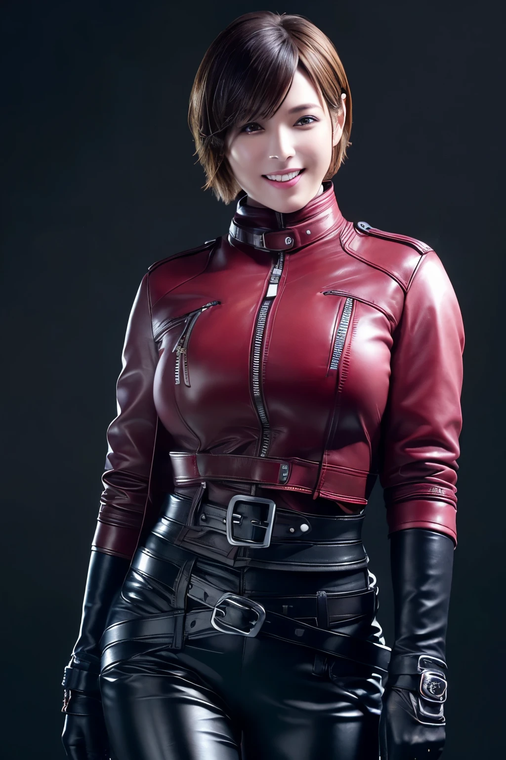 (Realism:1.4),Resident Evil 6,Ada,Short Hair,No background,look at me,A body that makes you want to touch it,foxy make up,Pink Lips,smile,she is Wearing ((long sleeve rider jacket(red leather)) and ((one waist belt)(Black leather)(metal buckle)) and ((Skinny long pants(Black leather))) and ((((gloves)))(black leather)),intelligent and beautiful star model,(chin is thin),Costume made of thick leather fabric, (G cup breasts)(slender body shape) ,young face,, smile,young,
