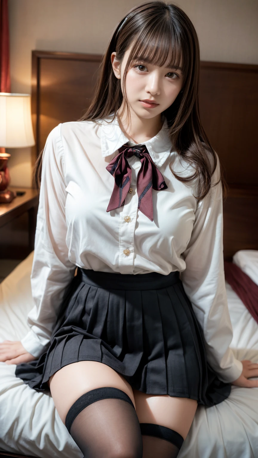 (8K, RAW Photos, Highest quality, masterpiece:1.2), (professional photography, full colors, studio-caliber color grading), (Gravure quality for high-end fashion magazines), BREAK,18 year old girl, (fluffy ponytail:1.2), Big Natural Color Lip, Plumpy body, (smooth skin:1.1), huge breasts, BREAK, (collared shirt:1.1), pleated skirt, knee high socks, BREAK, hotel room, cute , lolita