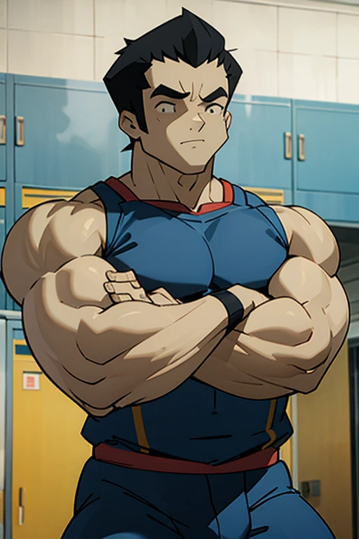 Odd Della Robbia from Code Lyoko in a locker room as a brainwashed dumb football jock under Xana's control. Hyper muscles. Big biceps. Big triceps. Big traps. Broad shoulders. Big deltoids. Big lats. Big hyper meaty pecs. Hyper swollen crotch bulge. Sweaty. Dumb. Dumber. IQ drain. Bro. Meathead. Musclehead. Brute. Brutification. "Big muscles? COOL! I look good buff. Wonder if I can grow ... grow ... Grow ... bigger muscles.... Yes, Master Xana. I grow. I obey. Huhuhuh." Flexing. Dumber and dumber. Brawn. Numbskull. Dimwit. Hypnosis. Hypnotized. Hypno. brainwashed. Brainwashing.