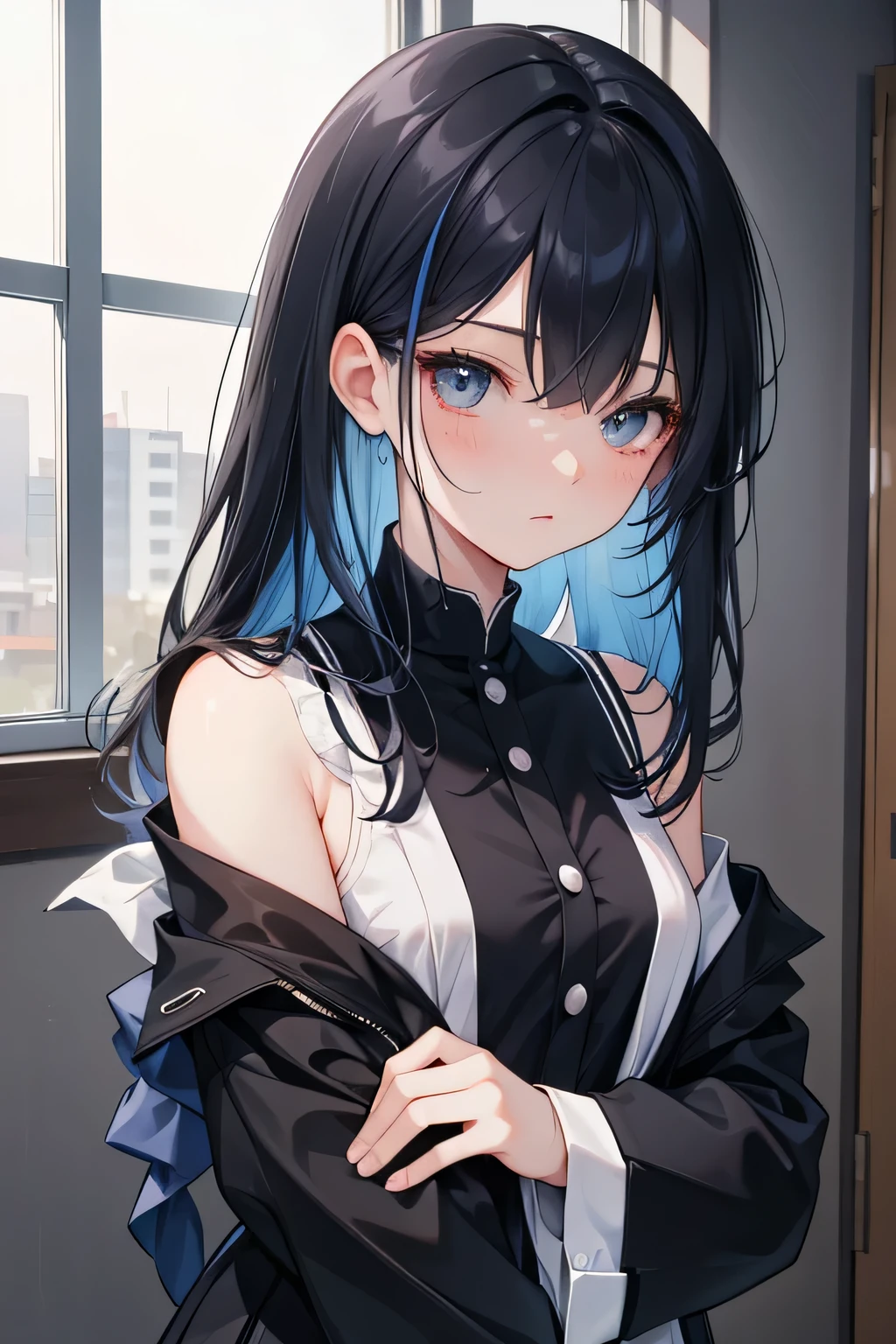 huge tit, Sexual turn, black eyes, one-girl, The color of the girl, largeeyes, black hair，Long hair，(tmasterpiece,best qualtiy：1.3），Wear your school uniform，Show your face，dual horsetail