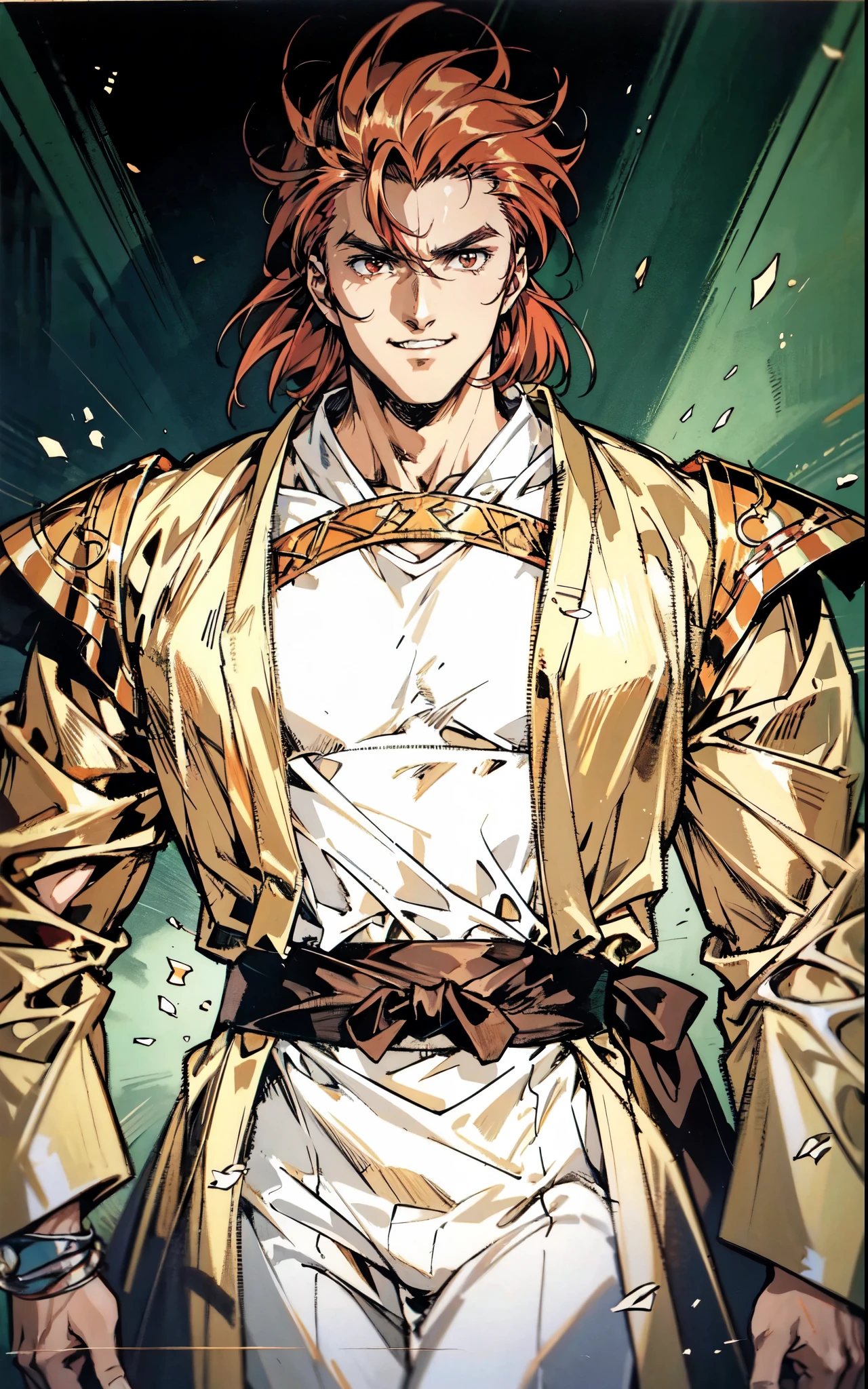 (masterpiece:1.2, best quality:1.2, extremely delicate:1.2), ((male:1.5)), a middle-aged man with messy medium-length red hair, exaggeratedly arched thick eyebrows, wide red eyes, a cross-shaped scar on his forehead, he is laughing wildly, a wild expression, a tall and muscular build, a fantasy martial arts style two piece orange yellow robe coat, a sash wrapped around his waist, skirt and trousers, stands majestically before a million-strong army, this character embodies a finely crafted fantasy martial arts style overlord in anime style, exquisite and mature manga art style, dramatic, high definition, highres, ultra-detailed, ultra-fine painting, professional, perfect body proportions, golden ratio, anatomically correct, symmetrical face, extremely detailed eyes and face, high quality eyes, creativity, RAW photo, UHD, 32k, Natural light, cinematic lighting, (masterpiece-anatomy-perfect:1.2)