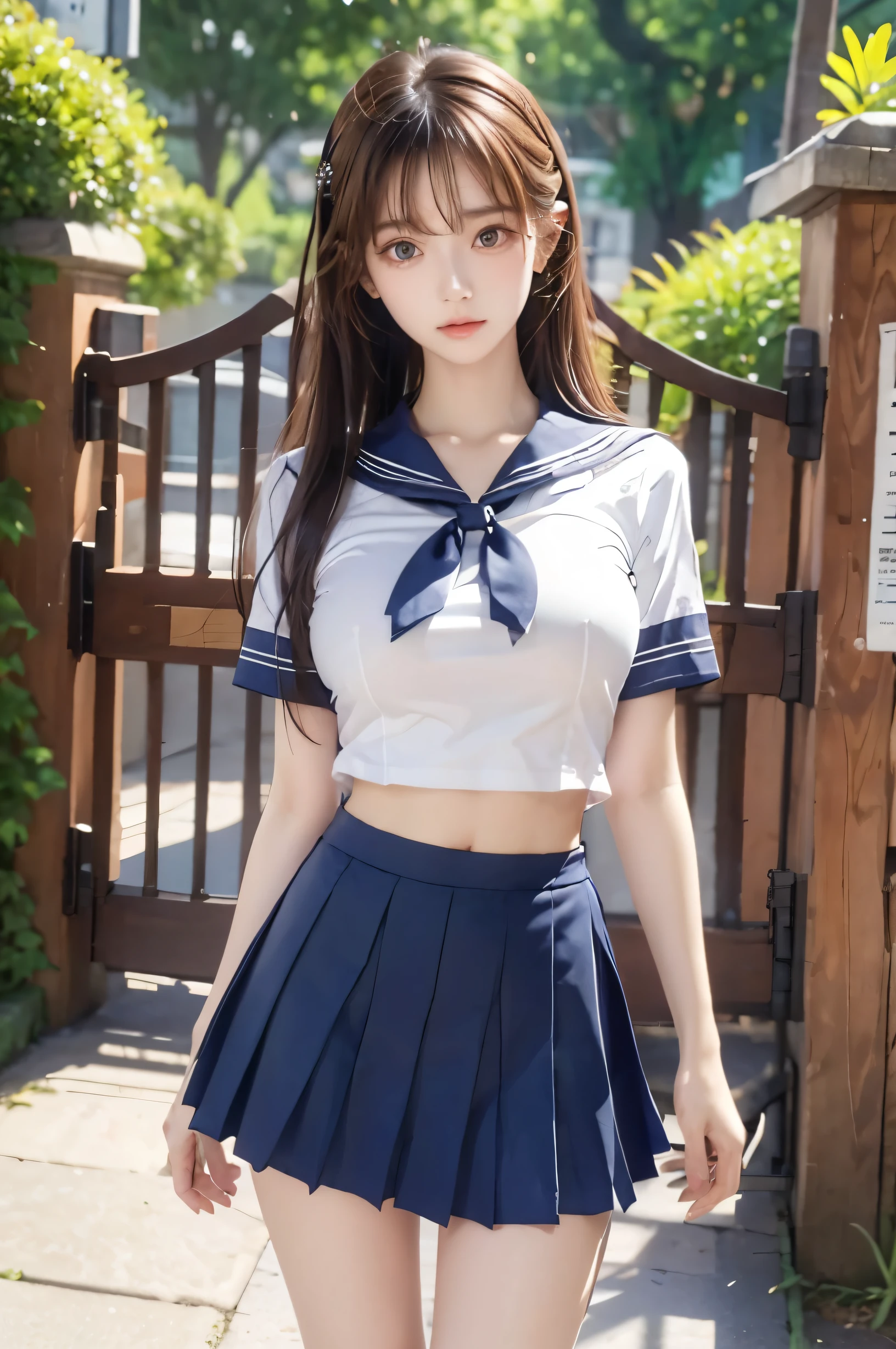 (Ultra HD), (Looking at me), (Short-sleeved sailor uniform, Navy blue mini skirt), Big Breasts, Super beautiful breasts, Slender, (Thin legs:1.2), (Thin thighs:1.2), (Thin Hips:1.4), (Beautiful Skin, Shiny skin, White skin), (Super slim face, Super beautiful face, No makeup, Smile:0.6), (Light Brown, Long Hair, Layered Cut, Fluffy hair), (Big eyes:1.3, High corners of the eyes:1.6, Double eyelids), (Thin eyebrows:0.1), (Small Nose:0.6), (Thin lips:0.6), Beautiful Hands, Empty-handed, Standing, In front of the school gate