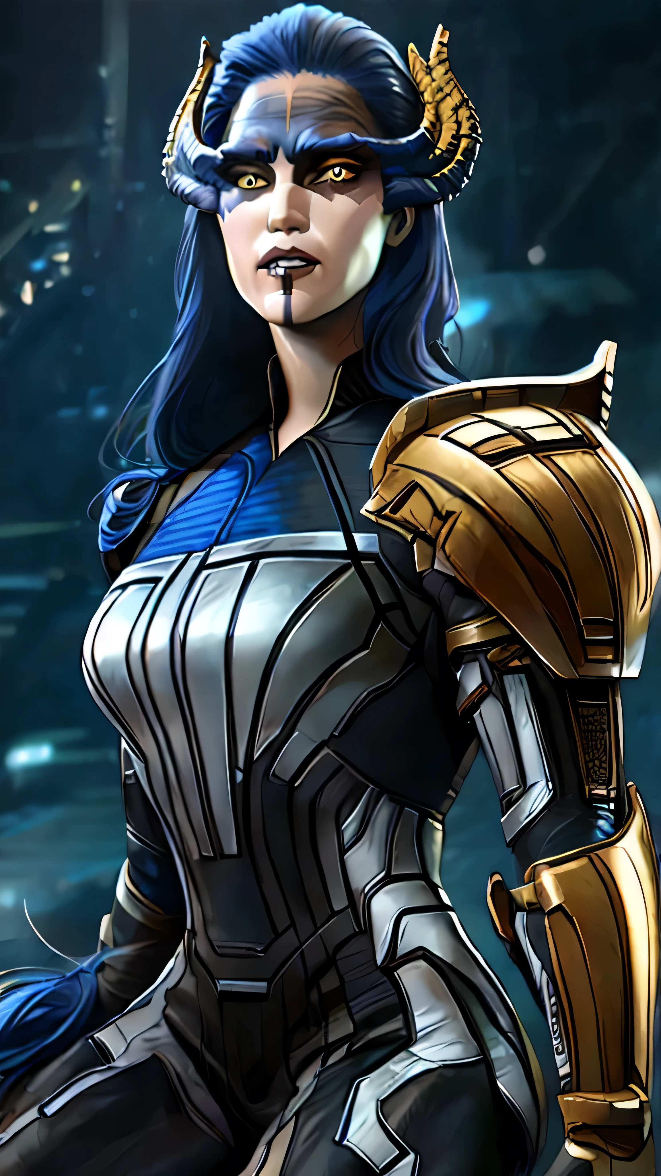 Jennifer Connelly as Proxima, long hair, blue hair, yellow eyes, colored skin, horns, lipstick, makeup, armor, (insanely detailed, beautiful detailed face, masterpiece, best quality), cinematic lighting, 1woman, solo, full body view, front view, looking at viewer, intricate, high detail, sharp focus, dramatic, photorealistic painting art by greg rutkowski