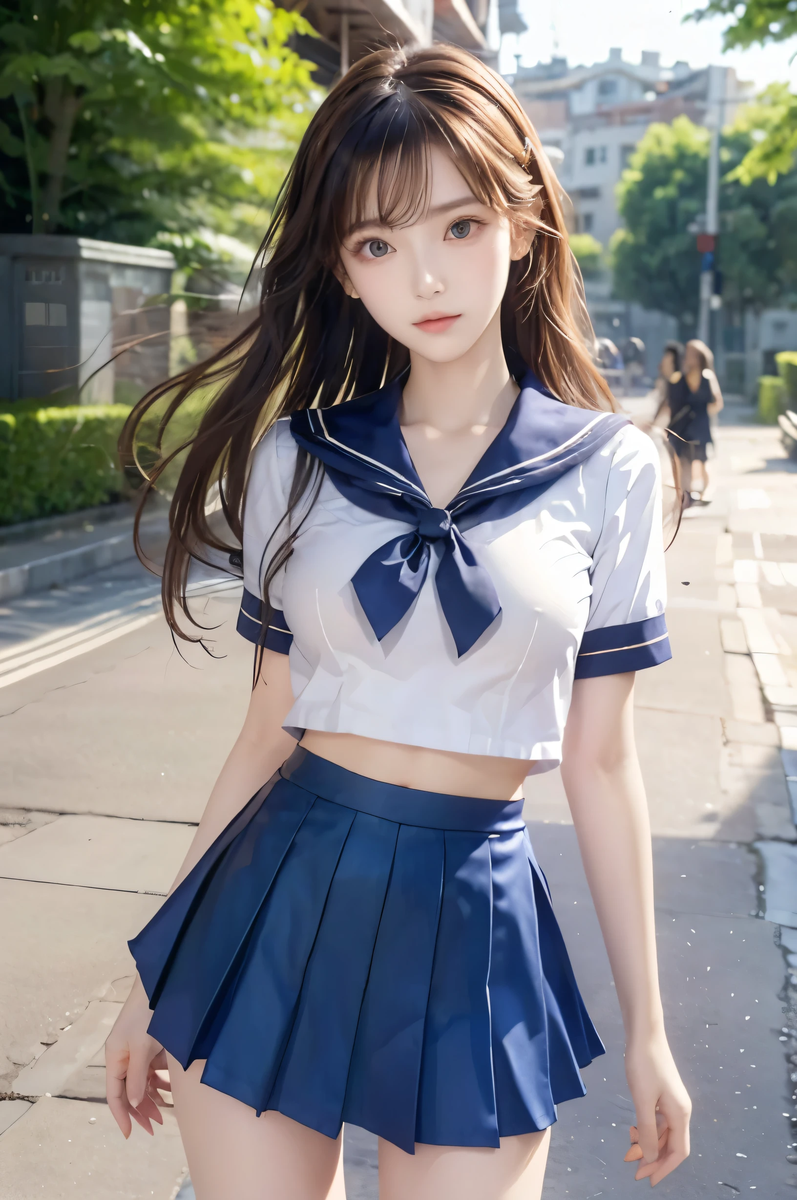(Ultra HD), (Looking at me), (Short-sleeved sailor uniform, Navy blue mini skirt), Big Breasts, Super beautiful breasts, Slender, (Thin legs:1.2), (Thin thighs:1.2), (Thin Hips:1.4), (Beautiful Skin, Shiny skin, White skin), (Super slim face, Super beautiful face, No makeup, Smile:0.6), (Light Brown, Long Hair, Layered Cut, Fluffy hair), (Big eyes:1.3, High corners of the eyes:1.6, Double eyelids), (Thin eyebrows:0.1), (Small Nose:0.6), (Thin lips:0.6), Beautiful Hands, Empty-handed, Standing, In front of the school gate