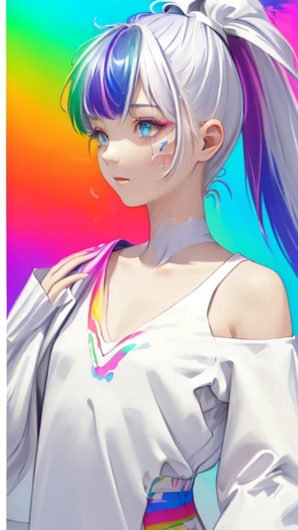 （Purple Fashion T-Shirt：1.9），(colorfulな髪: 1.8), (All the colors of the rainbow: 1.8),(((((vertical painting：1.6))), （painting：1.6），front, comics, figures, paintings, Big eyes, Clear eyes,（ Rainbow gradient high ponytail：1.7）, Exquisite makeup, Mouth closed,(Small Fresh: 1.5),(Wipe the chest: 1.6) ，Long eyelashes, White off-the-shoulder T-shirt,  White shoulder shirt，Looking at the audience, Big teary eyes, (Rainbow Hair：1.6), カラーsplash, （alone：1.8）, カラーsplash, An explosion of colors, thick paint style, Messy Lines, ((The Shining))，(colorful), (colorful), (colorful), colorful, Thick paint Style, (splash) (Color splash), Vertical painting, Upper Body, paint splash, Acrylic Pigments, Slope, paint, Best image quality, highest quality, masterpiece, alone, Depth of written boundary, Face paint,  colorful clothes, (elegant: 1.2), nice,Long Hair, Wind, (elegant: 1.3), (petal: 1.4)，(((masterpiece))),(((highest quality))),((Super detailed)),(figure),(Dynamic Angle),((floating)),(paint),((Disheveled Hair)),(alone),(One girl) , (((Detailed anima face))),((Beautifully detailed face)),collar,Exposing shoulders,Gray Hair, ((colorful hair)),((Striped Hair)),Beautiful fine details,(Slope color eyes),(((colorful eyes))),(((colorful background))),(((High chroma))),(((surrounded by colorful splashes))), 


