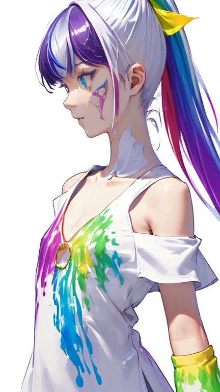 （Purple Fashion T-Shirt：1.9），(colorfulな髪: 1.8), (All the colors of the rainbow: 1.8),(((((vertical painting：1.6))), （painting：1.6），front, comics, figures, paintings, Big eyes, Clear eyes,（ Rainbow gradient high ponytail：1.7）, Exquisite makeup, Mouth closed,(Small Fresh: 1.5),(Wipe the chest: 1.6) ，Long eyelashes, White off-the-shoulder T-shirt,  White shoulder shirt，Looking at the audience, Big teary eyes, (Rainbow Hair：1.6), カラーsplash, （alone：1.8）, カラーsplash, An explosion of colors, thick paint style, Messy Lines, ((The Shining))，(colorful), (colorful), (colorful), colorful, Thick paint Style, (splash) (Color splash), Vertical painting, Upper Body, paint splash, Acrylic Pigments, Slope, paint, Best image quality, highest quality, masterpiece, alone, Depth of written boundary, Face paint,  colorful clothes, (elegant: 1.2), nice,Long Hair, Wind, (elegant: 1.3), (petal: 1.4)，(((masterpiece))),(((highest quality))),((Super detailed)),(figure),(Dynamic Angle),((floating)),(paint),((Disheveled Hair)),(alone),(One girl) , (((Detailed anima face))),((Beautifully detailed face)),collar,Exposing shoulders,Gray Hair, ((colorful hair)),((Striped Hair)),Beautiful fine details,(Slope color eyes),(((colorful eyes))),(((colorful background))),(((High chroma))),(((surrounded by colorful splashes))), 


