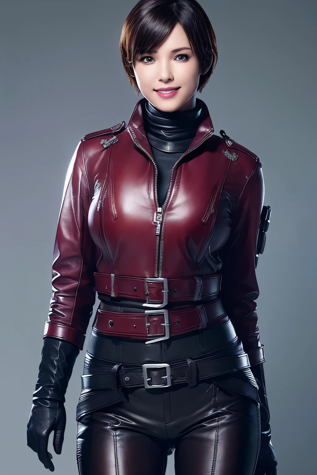 (Realism:1.4),Resident Evil 6,Ada,Short Hair,No background,look at me,A body that makes you want to touch it,foxy make up,Pink Lips,smile,she is Wearing ((long sleeve rider jacket(red leather)) and ((one waist belt)(Black leather)(metal buckle)) and ((Skinny long pants(Black leather))) and ((((gloves)))(black leather)),intelligent and beautiful star model,(chin is thin),Costume made of thick leather fabric, (G cup breasts)(slender body shape) ,young face,, smile,young,
