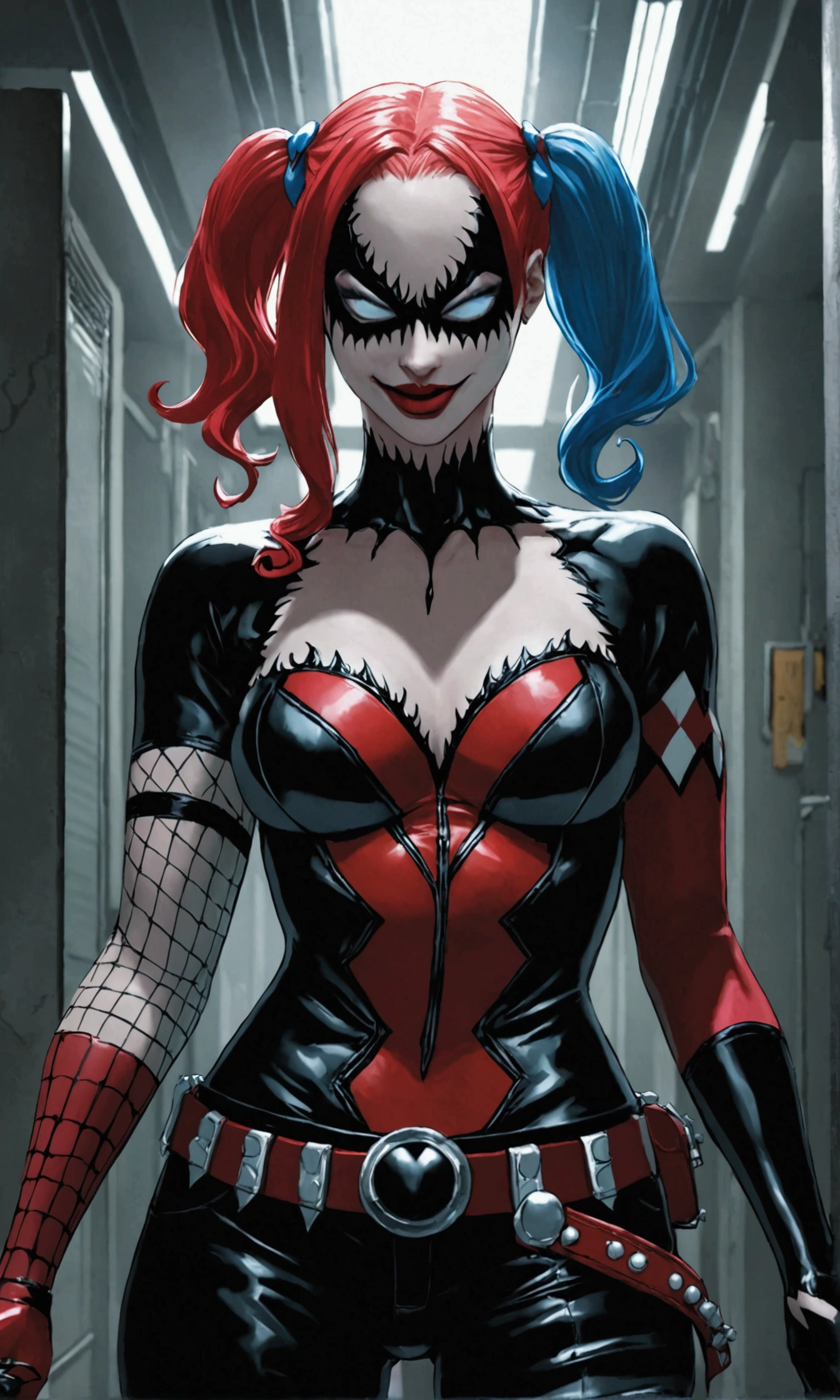 Clay Mann, harley quinn, multicolored hair, solo, topless, evil smile, standing, lingerie, femdom, night, detailed, masterpiece, absurdres, best quality