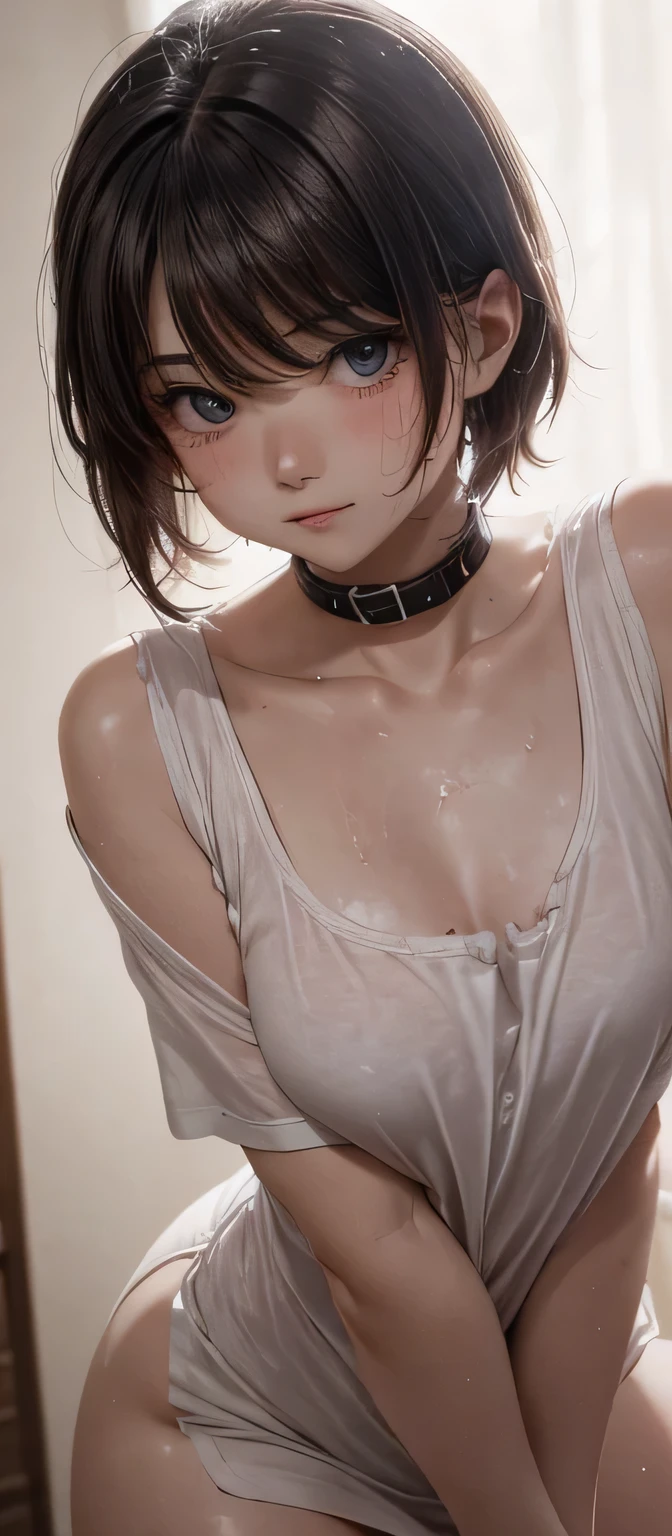 portrait of a seductive woman, in a white long-sleeved shirt and see-through wet with sweat, (expression: disgusted="half closed eyes"), "(hair: redhead pixie cut)", (pose: raising both arms and straddle legs) (masterpiece:1.2, best quality, digital art, hyperrealistic details, detailed digital art, realistic texture, detailed CG, extremely high detail, digital illustration)