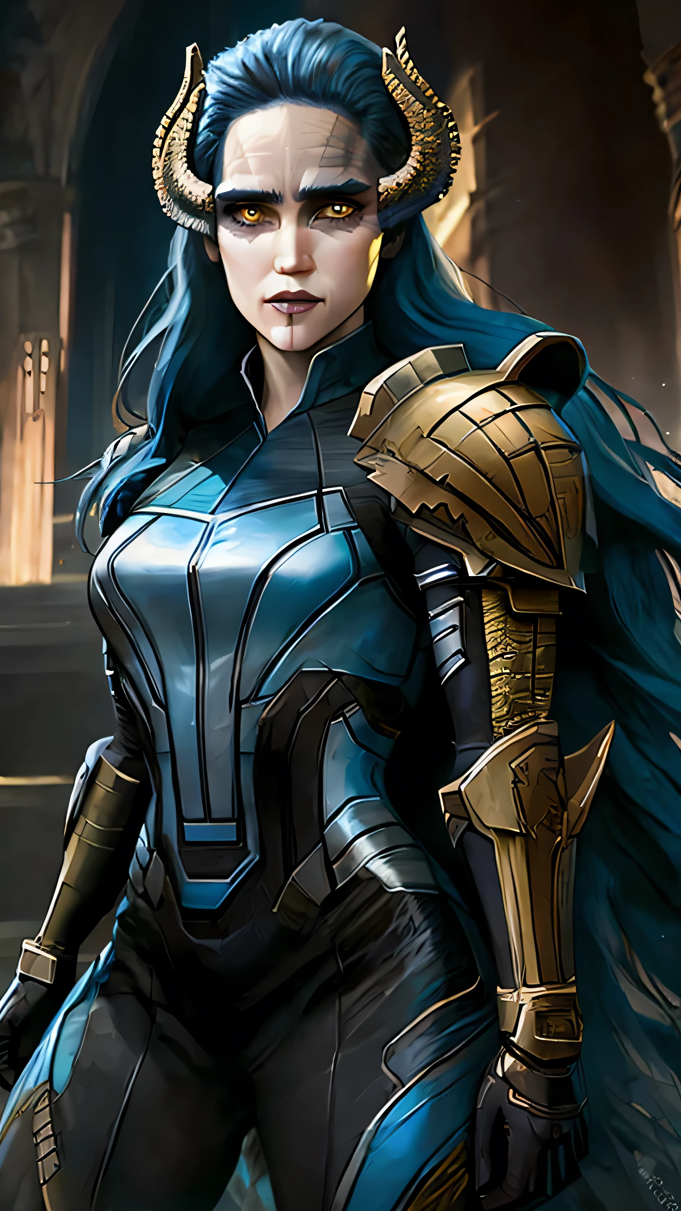 Jennifer Connelly as Proxima, long hair, blue hair, yellow eyes, colored skin, horns, lipstick, makeup, armor, (insanely detailed, beautiful detailed face, masterpiece, best quality), cinematic lighting, 1woman, solo, full body view, front view, looking at viewer, intricate, high detail, sharp focus, dramatic, photorealistic painting art by greg rutkowski