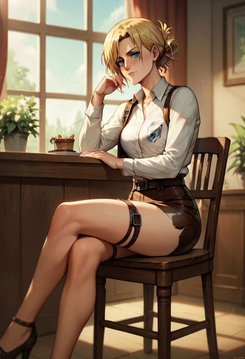 Annie Leonhart (Attack on Titan), sitting on a chair