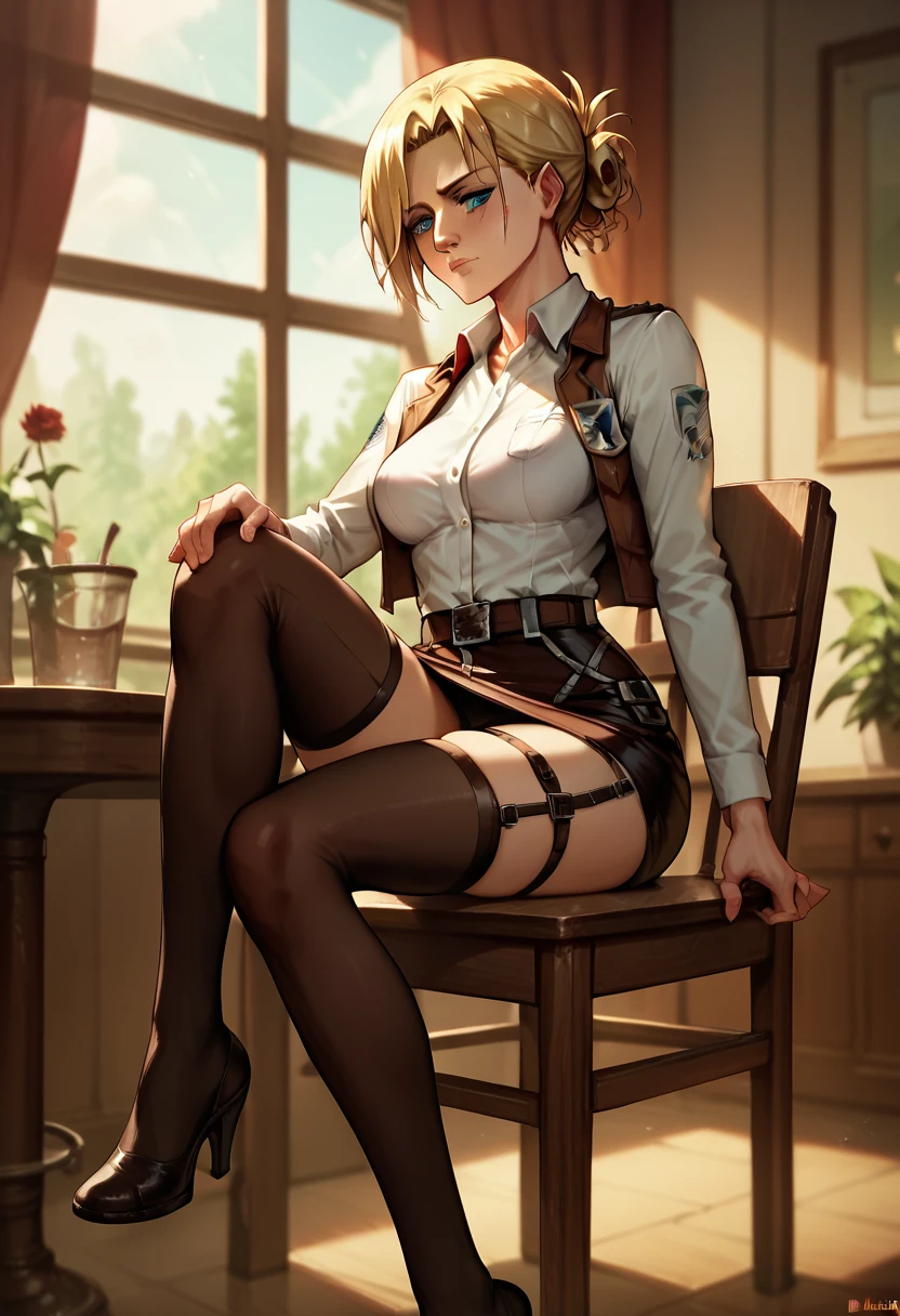 Annie Leonhart (Attack on Titan), sitting on a chair