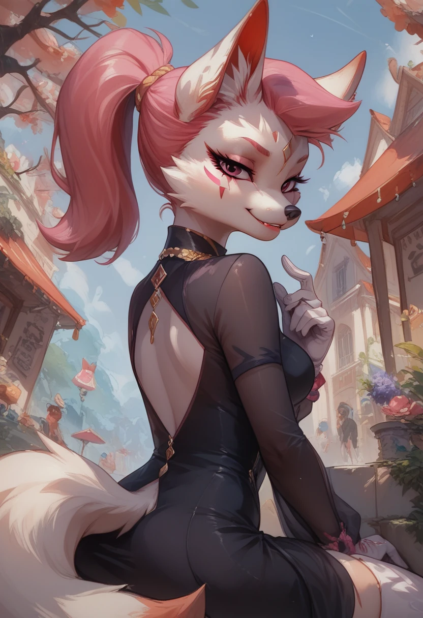 score_9, score_8_up, score_7_up, ultra quality, 1girl, Kimikoxl, anthro, white fox girl, white fur, pink hair, ponytail, white animal ears, animal nose, pink eyes, face markings, smirk, sweet smile, mouth closed, black dress, dress, skin tight dress, white gloves, white thighboots, sitting, seductive look, bedroom eyes, white fox tail, cowboy shot, looking at viewer, staring at viewer, infatuated with viewer, looking back,outdoors, sunny