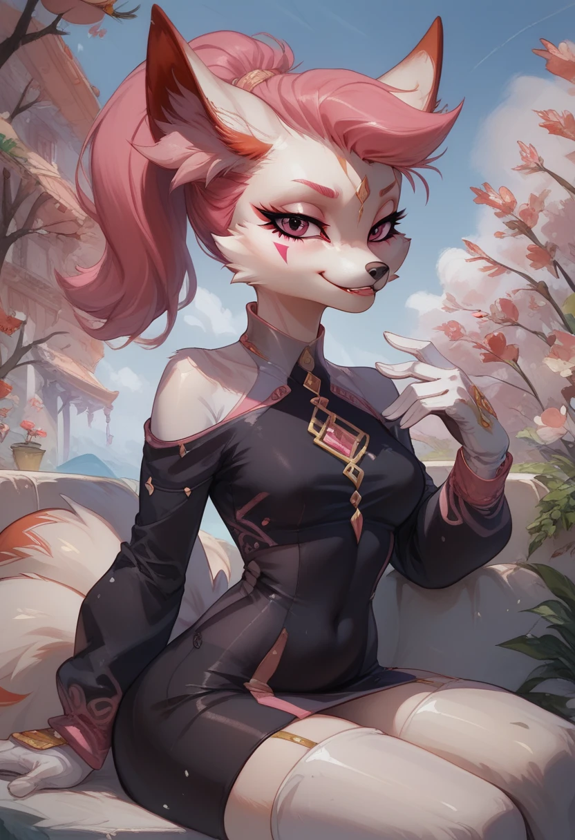 score_9, score_8_up, score_7_up, ultra quality, 1girl, Kimikoxl, anthro, white fox girl, white fur, pink hair, ponytail, white animal ears, animal nose, pink eyes, face markings, smirk, sweet smile, mouth closed, black dress, dress, skin tight dress, white gloves, white thighboots, sitting, seductive look, bedroom eyes, white fox tail, cowboy shot, looking at viewer, staring at viewer, infatuated with viewer, looking back,outdoors, sunny