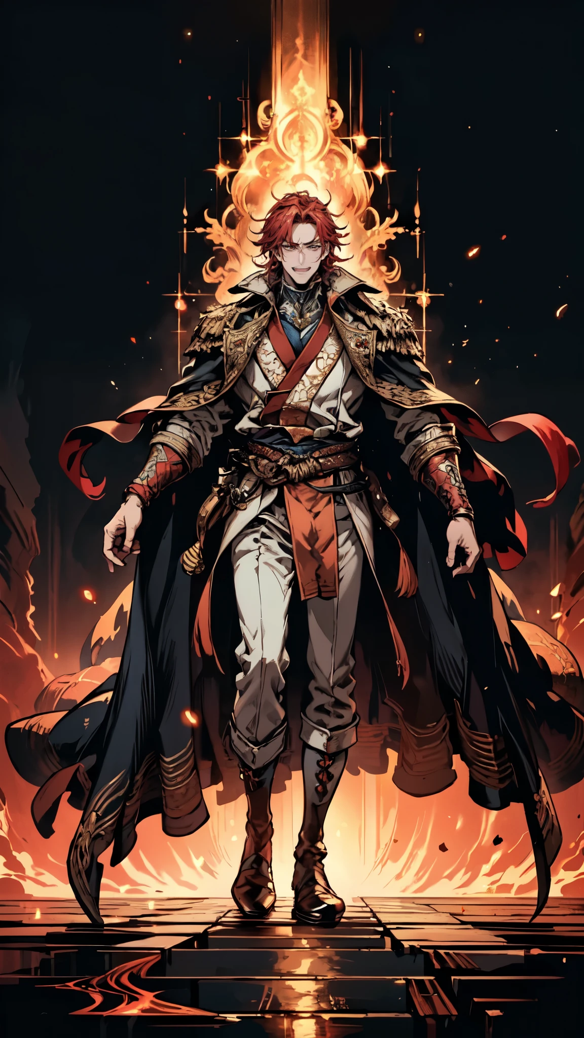 (masterpiece:1.2, best quality:1.2, extremely delicate:1.2), ((male:1.5)), a middle-aged man with messy medium-length red hair, exaggeratedly arched thick eyebrows, wide red eyes, a cross-shaped scar on his forehead, he is laughing wildly, a wild expression, a tall and muscular build, a fantasy martial arts style two piece orange yellow coat, a sash wrapped around his waist, stands majestically before a million-strong army, this character embodies a finely crafted fantasy martial arts style overlord in anime style, exquisite and mature manga art style, dramatic, high definition, highres, ultra-detailed, ultra-fine painting, professional, perfect body proportions, golden ratio, anatomically correct, symmetrical face, extremely detailed eyes and face, high quality eyes, creativity, RAW photo, UHD, 32k, Natural light, cinematic lighting, (masterpiece-anatomy-perfect:1.2)