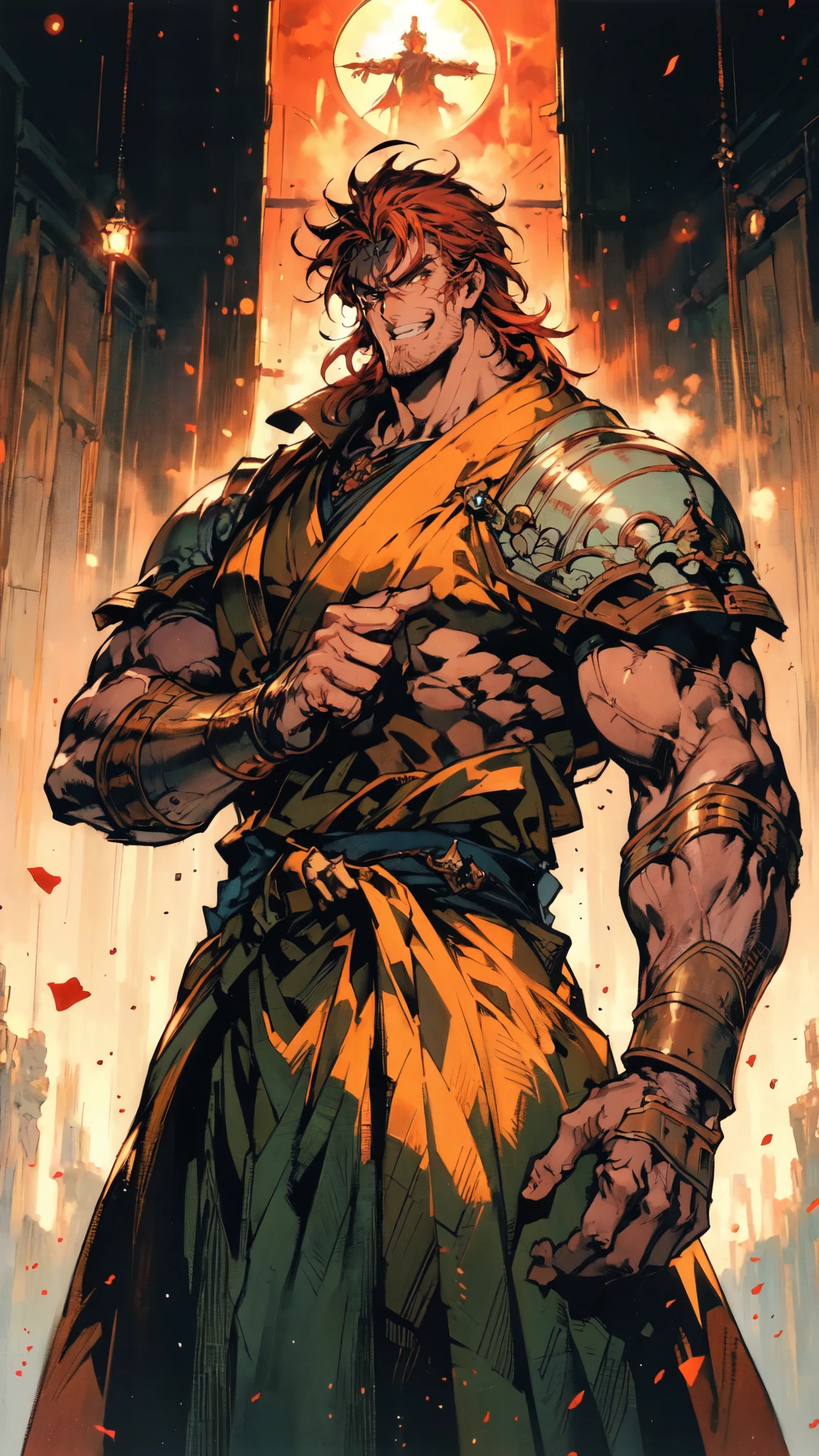Broly is extremely handsome with deep red eyes standing straight in front of a dark neutral background. His short red and yellow hair is neatly cut, creating a perfect image for his angular face. With a confident and decisive attitude, he shines with golden light, making him truly majestic.