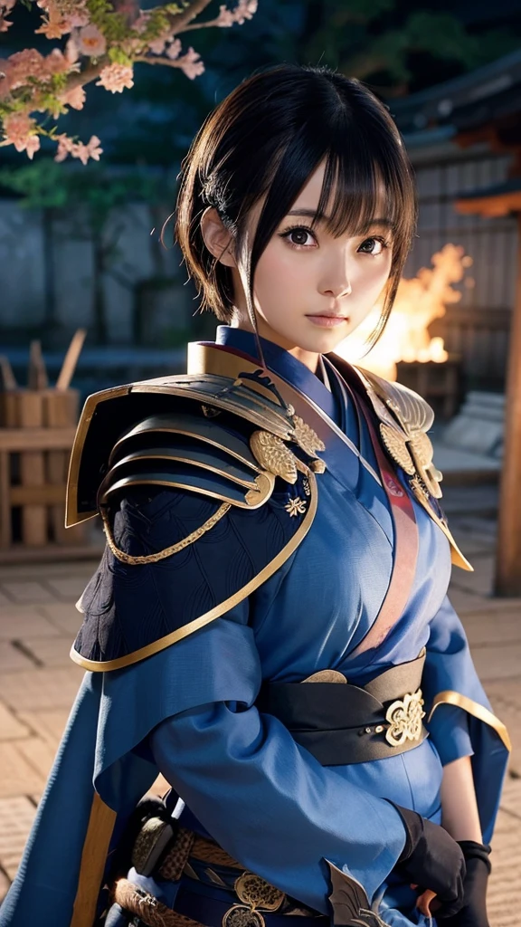 masuter piece, best qualtiy, (((realisitic, Photorealsitic:1.37))), ((独奏)), 8K image quality , extremely delicate and beautiful, splendid, Official art with attention to detail, Unbelievably ridiculous, huge filesize, ultra-detailliert, ighly detailed, (Pretty girl), (detailed girl), Eyes and faces with detailed, Beautiful detailed eyes, Light makeup, (1 girl), (Perfect female figure), slender, (Korean  beauty), ((fullllbody)), ((poneyTail)), With bangs, ((Samurai Japan Woman)), ((Japan dark purple and red armor), (Detailed Japan armor), (20yr old), ((Samurai Japan Woman)), Wakizashi, (Detailed Japan armor), Shrines and temples