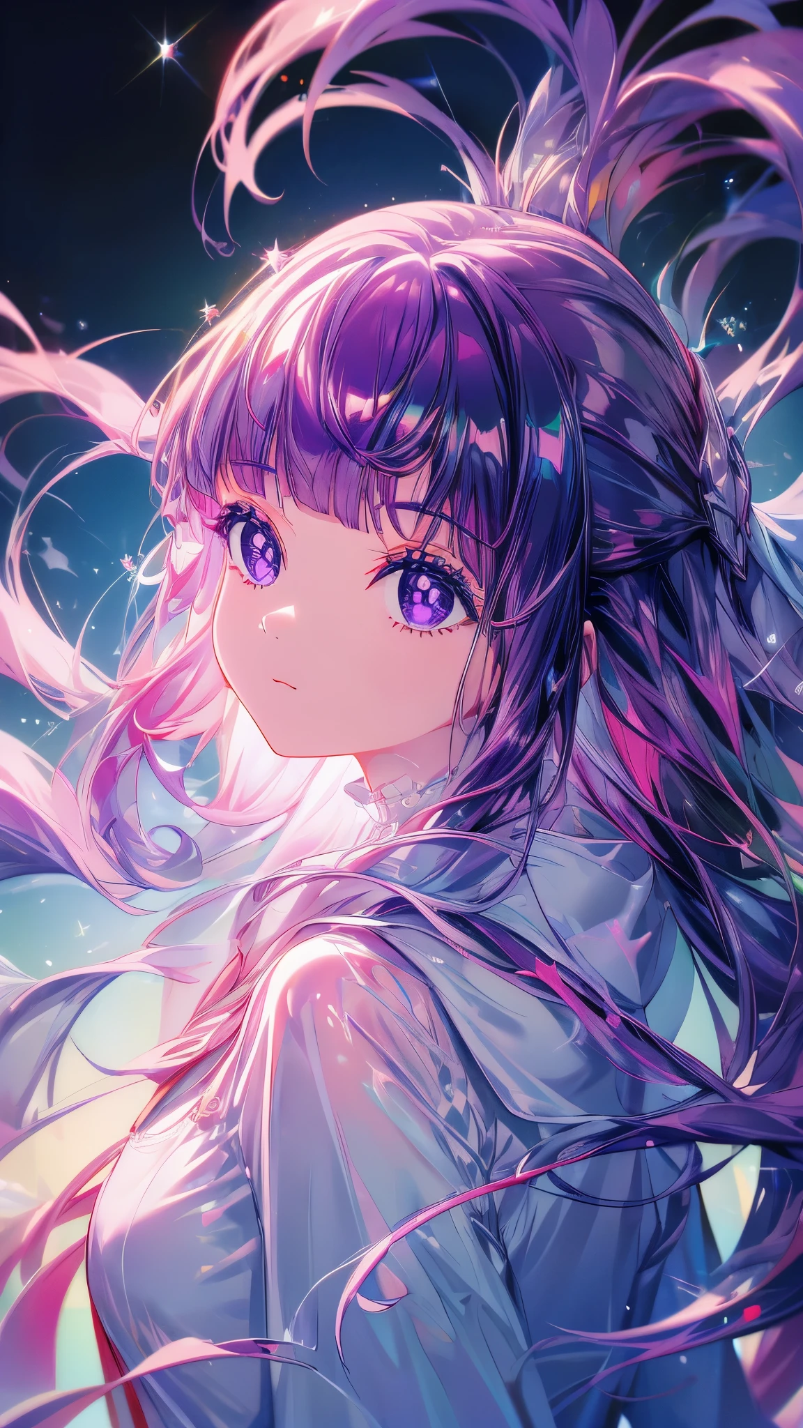 (masterpiece), 4K, Shining like a star, Floating in the night sky with a cool expression, Watch over us, Shining Star々, Brings us happiness, JK, High school girl, Sailor suit, Amethyst hair and eye color, Fern, anime, From afar,