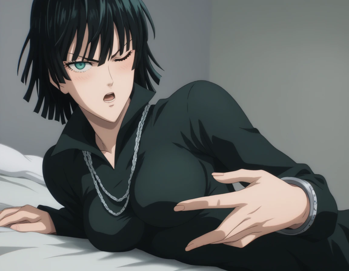 score_9, score_8_up, score_7_up, sauce_anime, ambient light,                                                                                                                                                                             
fubuki, fubuki \(one-punch man\), tall girl, 1 girl ,black hair,  deep green eyes, short hair,,, furrowed brow ,  wince, frown, close up face:0.2,                       
nsfw, (show off breast), navel ,, (undress dress black dress) , high collar, jewelry, necklace, , taut clothes, taut dress, ,, (detailed lace panties),                                                                                                                                                                                                                               indoors,, bed ,realistic bed room, (on side), side, (shackles),                                                                                                                                                   
cowboy shot,, looking at viewer, solo, dutch angle, blush,, , open mouth, saliva,, large breasts