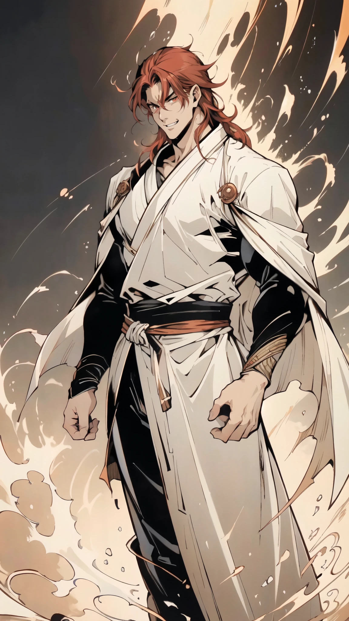 (masterpiece:1.2, best quality:1.2, extremely delicate:1.2), ((male:1.5)), a middle-aged man with messy medium-length red hair, exaggeratedly arched thick eyebrows, wide red eyes, a cross-shaped scar on his forehead, he is laughing wildly, a wild expression, a tall and muscular build, a fantasy martial arts style two piece orange yellow robe coat, a sash wrapped around his waist, skirt and trousers, stands majestically before a million-strong army, this character embodies a finely crafted fantasy martial arts style overlord in anime style, exquisite and mature manga art style, dramatic, high definition, highres, ultra-detailed, ultra-fine painting, professional, perfect body proportions, golden ratio, anatomically correct, symmetrical face, extremely detailed eyes and face, high quality eyes, creativity, RAW photo, UHD, 32k, Natural light, cinematic lighting, (masterpiece-anatomy-perfect:1.2)