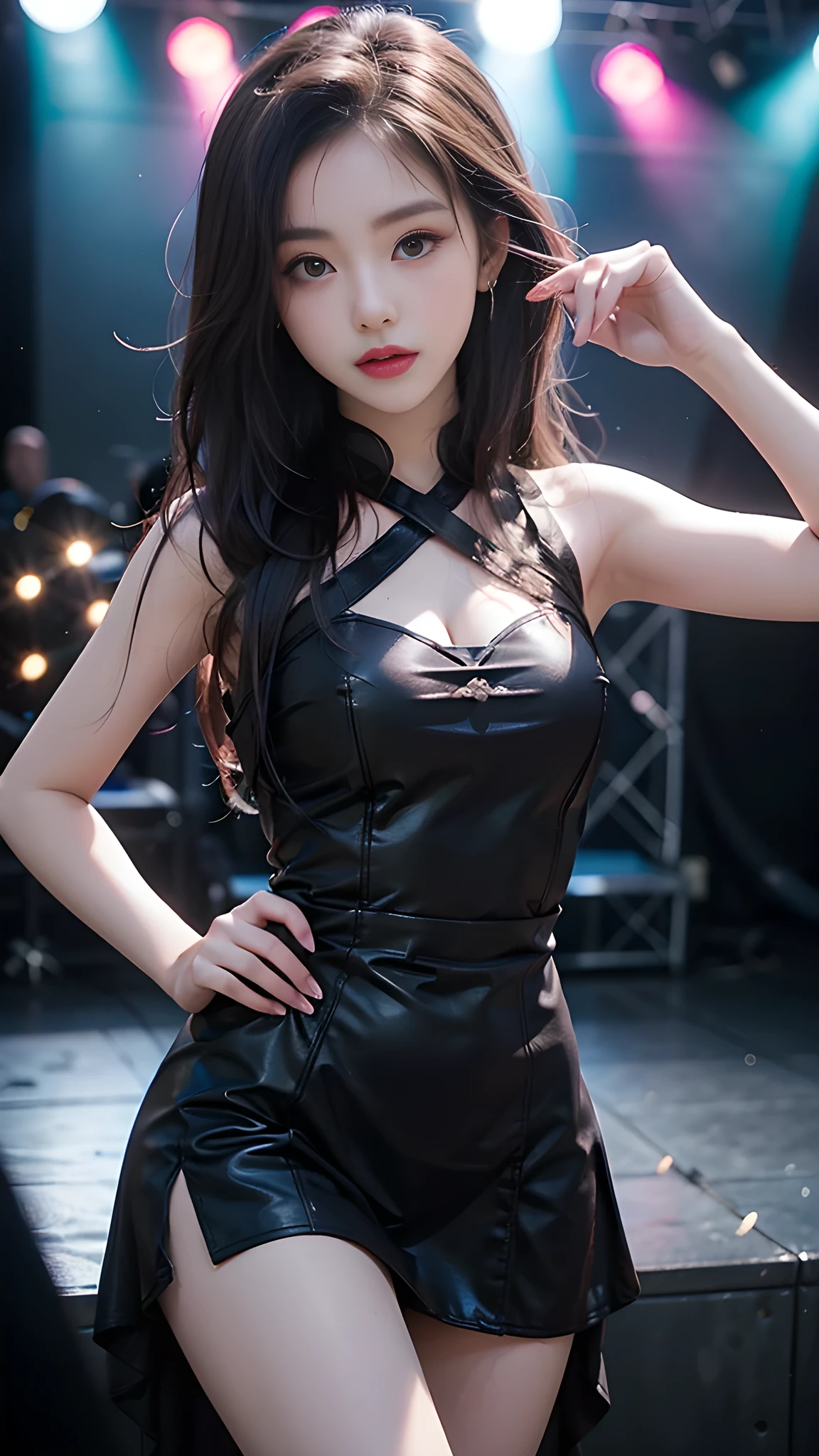 ulzzang-6500-v1.1, (RAW photo: 1.2), (Real photo), (Real photo: 1.4), 1 girl、Perfect anatomy、1、Looking at the camera、Medium length hair、dance dress, ((performing on stage: 1.1))、(Business service)、Asian eyes Ella,