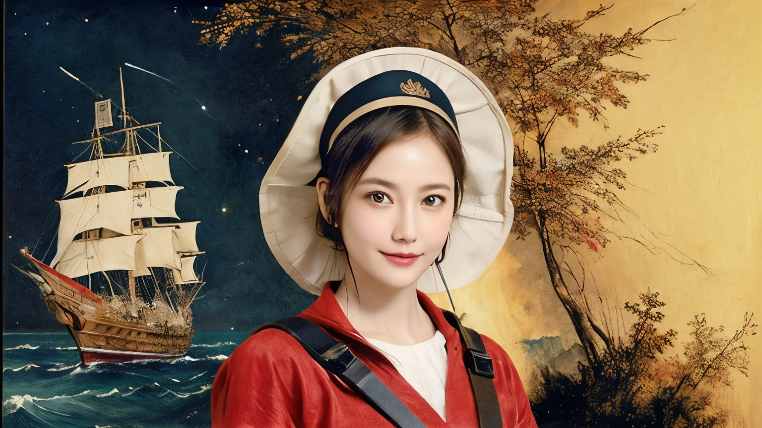 293 (20-year-old woman,short hair), (A kind smile), ((宇宙海賊captain,captain)), (colorful), (Leonardo da Vinci paintings), flower, Futuristic space pirate ship, nebula