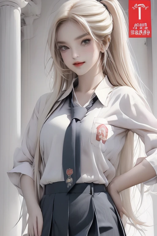 masutepiece, Best Quality,  Full body,Salute,put hands on the hip,
1girl in, bangs, Black Choker, black necktie, Blonde hair, Blue skirt, blush, Bracelet, breasts, Choker, clothes around waist, clavicle, Collared shirt, Cowboy Shot, dress shirts, ear piercings, eyebrows visible through hair, Gradient Hair, grin, gals, Jewelry, Kogal, Long hair, Looking at Viewer, loose necktie, neck tie, Piercing, Plaid, plaid skirts, Pleated skirt, Red Eyes, Ring, School uniform, Shirt, Skirt, Smile, Alone, White shirt,
Street, skyporn, cherryblossom, flower petals,Illustration, (magazine:1.3), (cover-style:1.3), Fashionable, Woman, Vibrant, outfit, Posing, front, Colorful, Dynamic, Background,  element in, which are full of confidence, expression, Holding, statement, accessory, An majestic, coiled, Around, Touch, Scene, text, cover, Bold, captures the attention, titles, Stylish, Font, Catchy, headline, Larger, striking, modern, Trendy, Focus, Fashion,Scattered beast bones Spires, red crystals, and steel wheels If you move, the wind If you stop, the sky The sound of spears fills the void