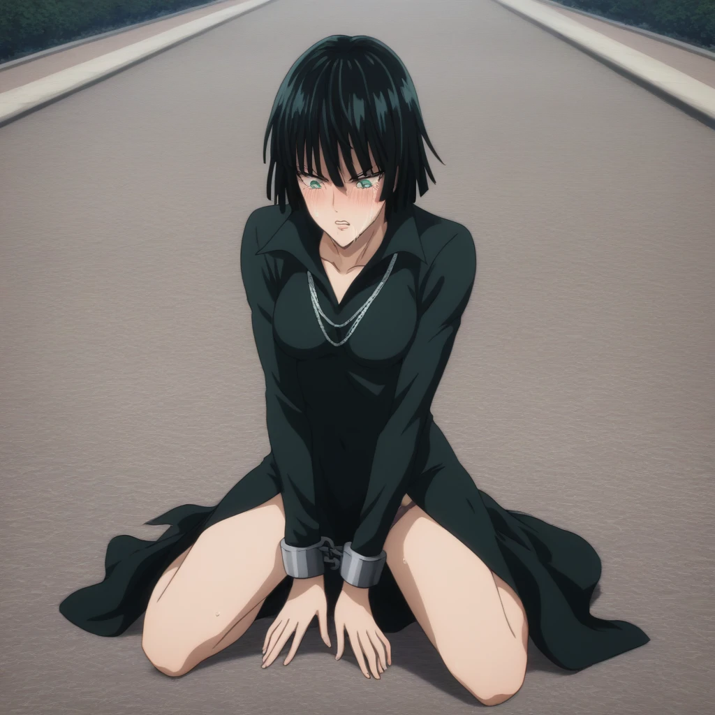 score_9, score_8_up, score_7_up, sauce_anime, ambient light,                                                                                                                                                                             
fubuki, fubuki \(one-punch man\), tall girl, 1 girl ,black hair, deep green eyes, short hair, squinting eyes, furrowed brow,, , wince, frown, close up face,                       
nsfw, (show off breast),,, (undress black dress), dress,, high collar, jewelry, necklace, , taut clothes, taut dress,, in lace panties,                                                                                                                                                                                                                   
outdoors,, city ,realistic city, (kneeling), , pussy juice, (shackles), tearful, cry,                                                                                                                                     
cowboy shot,, (looking  down), solo, dutch angle, blush,,navel , clenched teeth, saliva,, wet body ,nipples, medium breasts