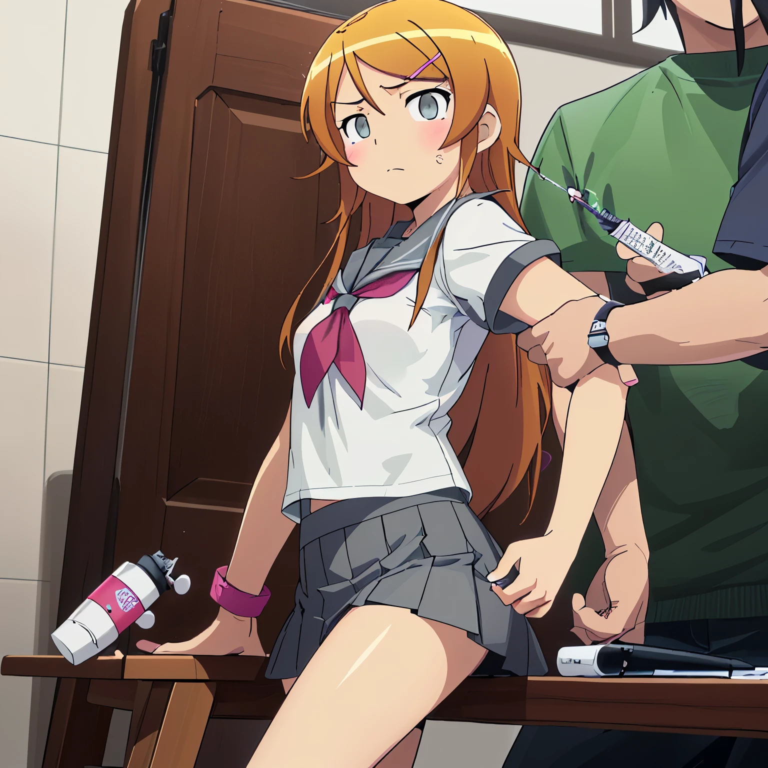  Kousaka Kirino's face contorts in anxiety and discomfort as a steady hand injects a needle into her upper arm. Her wrist is grasped firmly by the practitioner's hand, her gaze fixed on some distant point. The dimly lit setting casts shadows across her features, emphasizing the sharp lines of her grey sailor collar against the crisp white shirt. A subtle hint of grey underskirt adds depth to the composition.