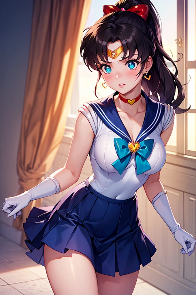 EPsmSailorjuiter,  Brown ponytail hair, blue eyes, circlet, choker, earrings, グリーン sailor senshi uniform, white elbow gloves, yellow bow, Green skirt, Green heels, looking at viewer, serious, smirk, squatting, Open your thighs wide to the left and right, Showing off your pantyhose crotch to the viewers, arm behind head, inside living room, soft lighting, high quality, masterpiece,  