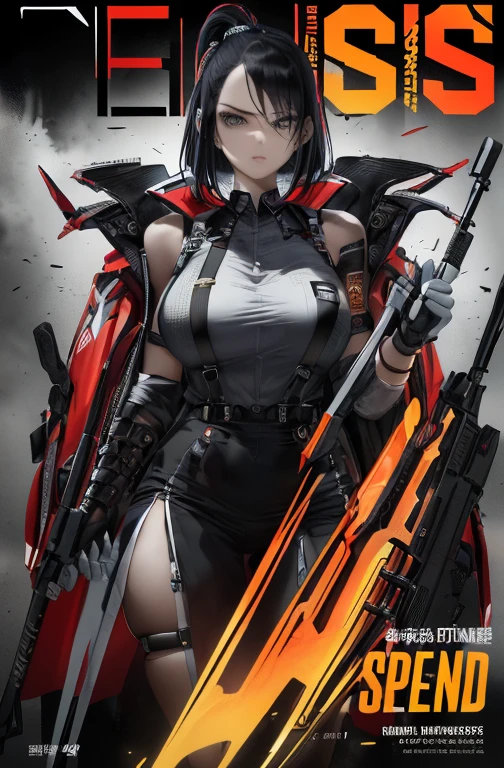 1 girl， solo， cyberhanfu， wearing long sleeve ，chines cloths, In red and black，daynamic pose,massive tits, Cyberpunk-city， dynamicposes， head gear， hair adornments， long whitr hair， cyber punk perssonage， a high-tech city， Full of mechanical and futuristic elementirai， technologies,8k best quality 