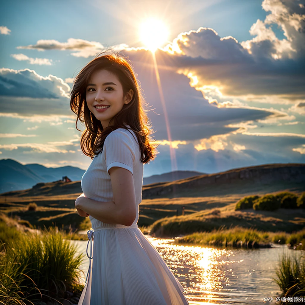 <lora:blues_20240115150616-000018:1> blues, 1girl, standing by a lake at sunset