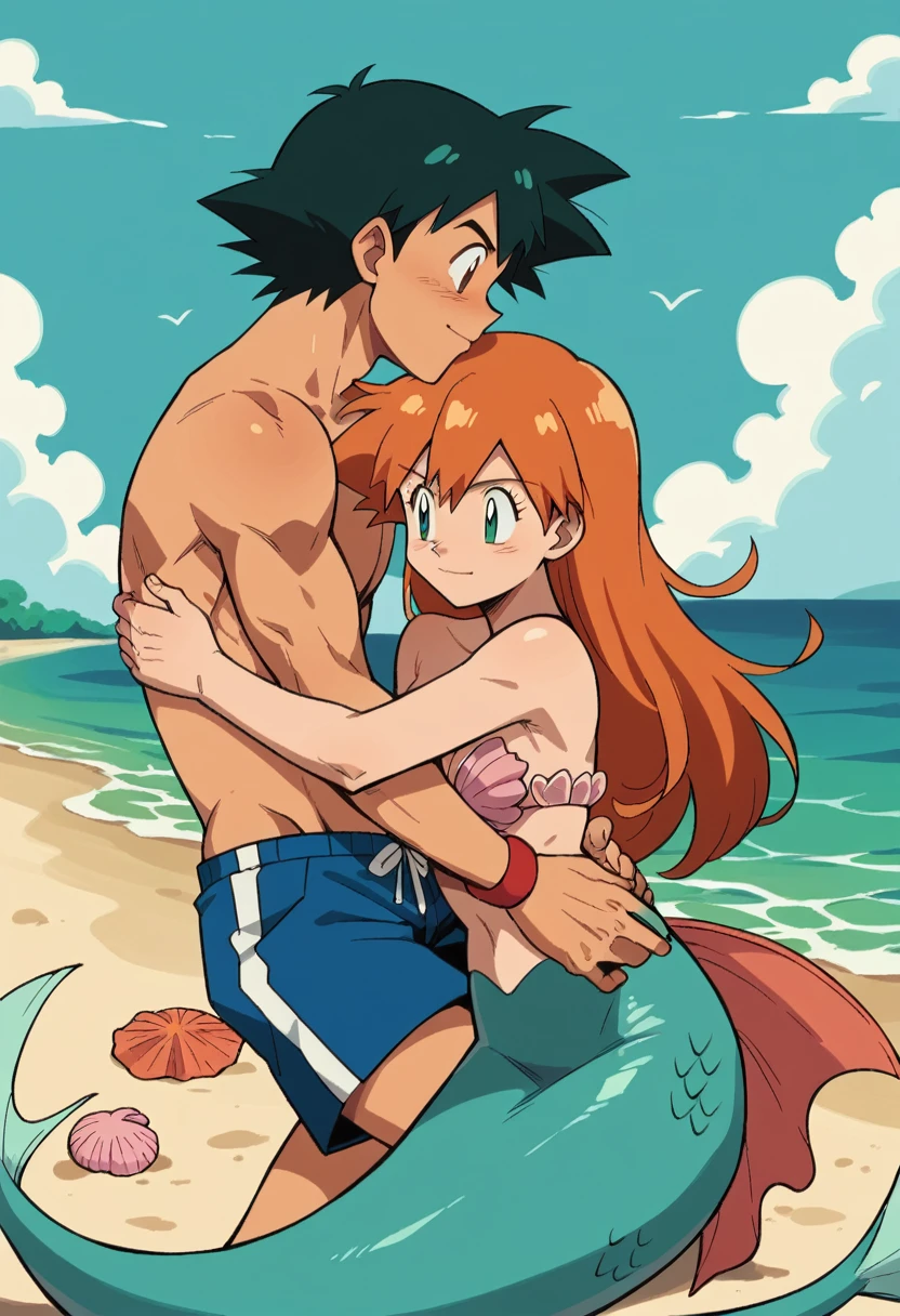 1boy, ash ketchum, black hair, brown eyes, hair between eyes, shirtless, male swimwear, handsome boy, macho, good looking boy, muscular boy, hugging her wrist 1girl, misty pokemon, orange hair, long hair, hair down, green eyes, mermaid costume, seashell bra, mermaid tail, putting her hand on his chest photograph of a 18 years couple, they're showing off their love and affection for each other, they're caressing, looking at each other, they're underwater in the sea