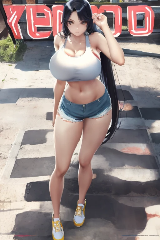 1girl, absurdres, high res, extremely detailed ultrasharp, 8K, masterpiece, looking at viewer, close-up, thighs, breasts, big breasts, long hair, colorful hair, makeup, sleeveless shirt, thong, ear piercings, city background, hair ornament, blush