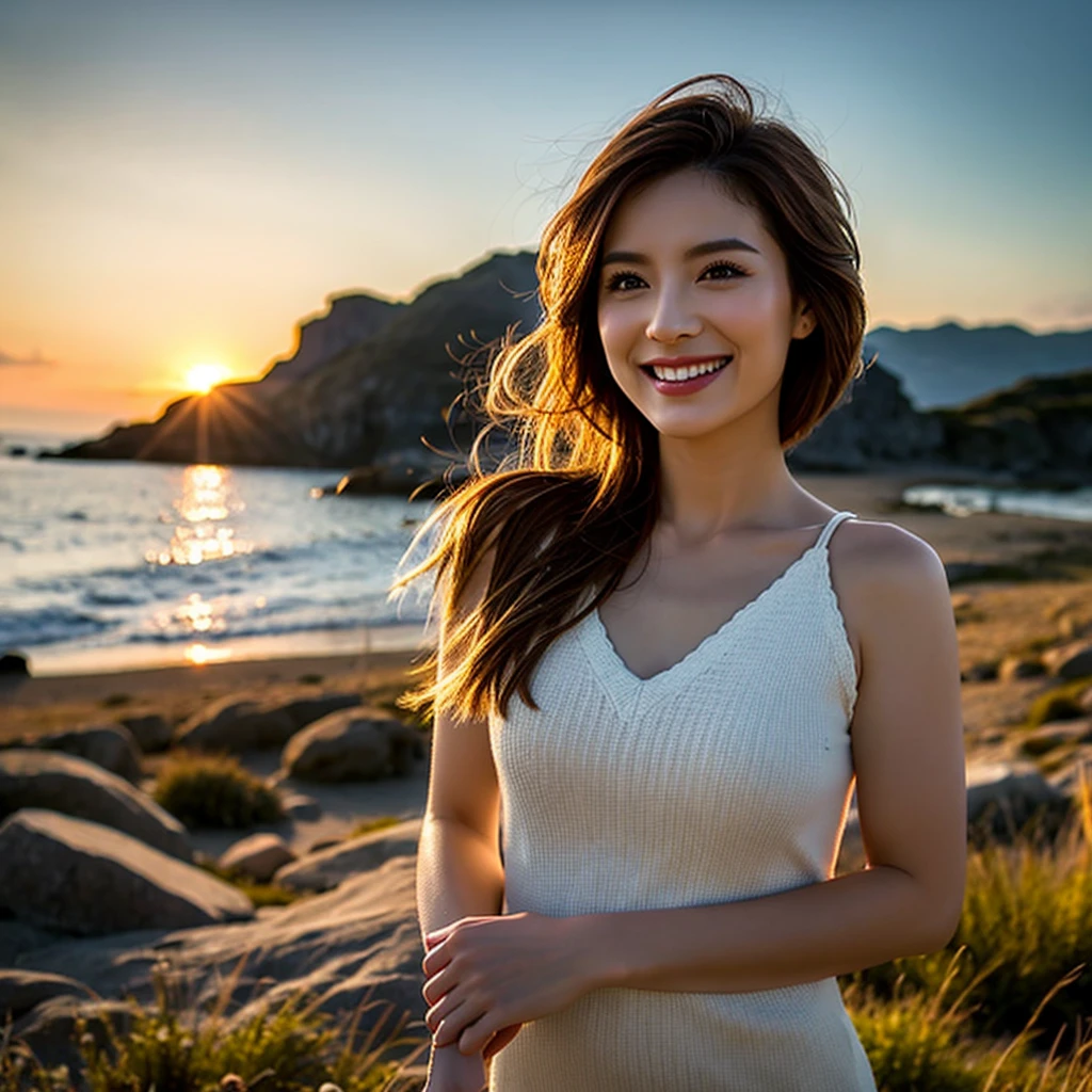 super detailed, High resolution, realistic, Raw photo, ((real person)), fine skin, (Delicate black eyes ), Soothing woman with droopy eyes, calm and calm, middle hair, skinny, clothing, The wind is blowing, we say、, photorealistic, masterpiece, highest quality, High resolution, 4k, UHD, laughter、big breasts、28Year、full body shot、beautiful feet、cleavYear、thin、cotton、strong wind blows、glowing skin、strong wind、非realistic世界、red micro bikini、slender、A volcano is erupting、lava is gushing out、game world、midnight、Beautiful flame、surrounded by sparks、fantasy world