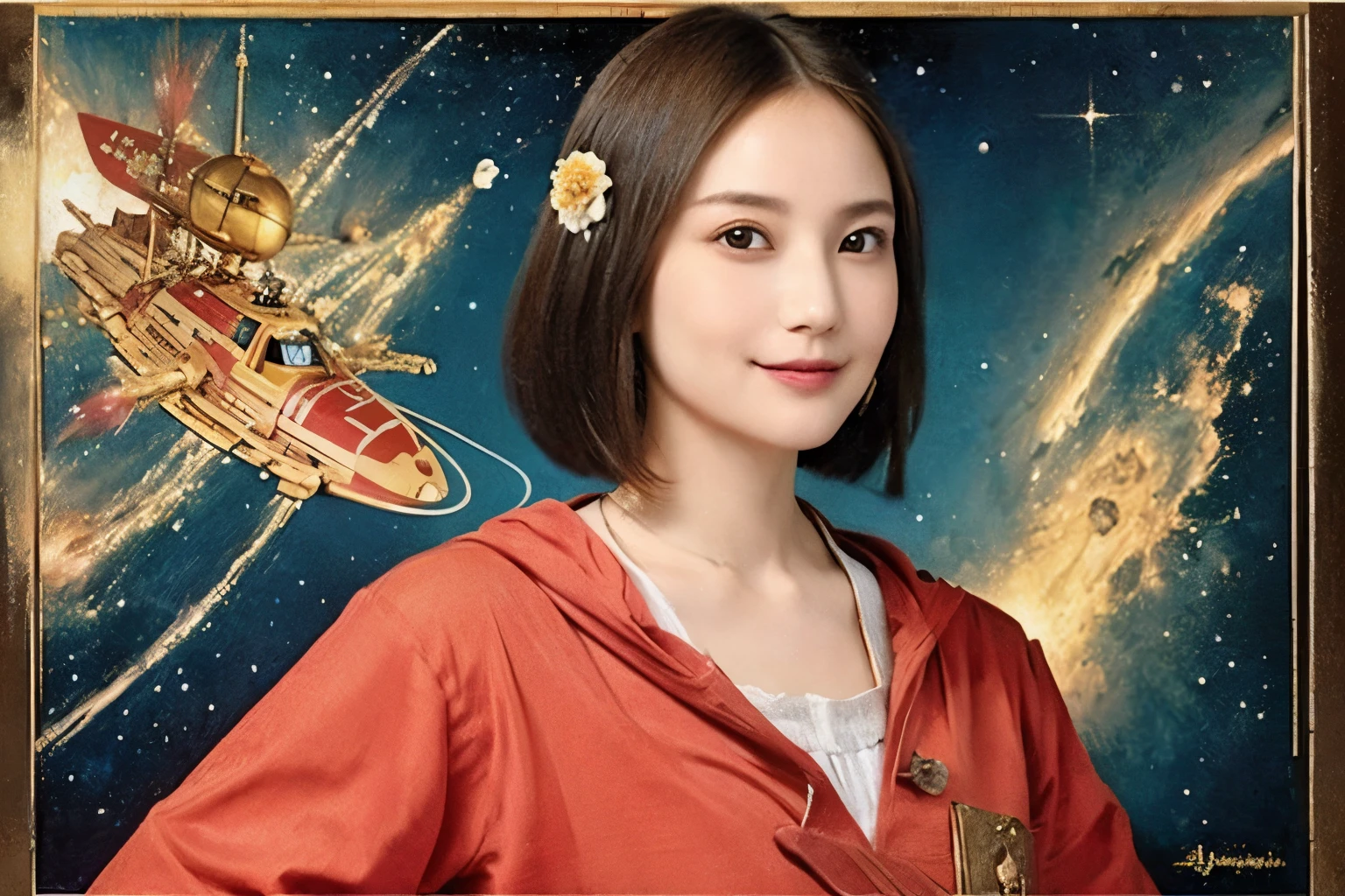 293 (20-year-old woman,short hair), (A kind smile), ((宇宙海賊captain,captain)), (colorful), (Leonardo da Vinci paintings), flower, Futuristic space pirate ship, nebula