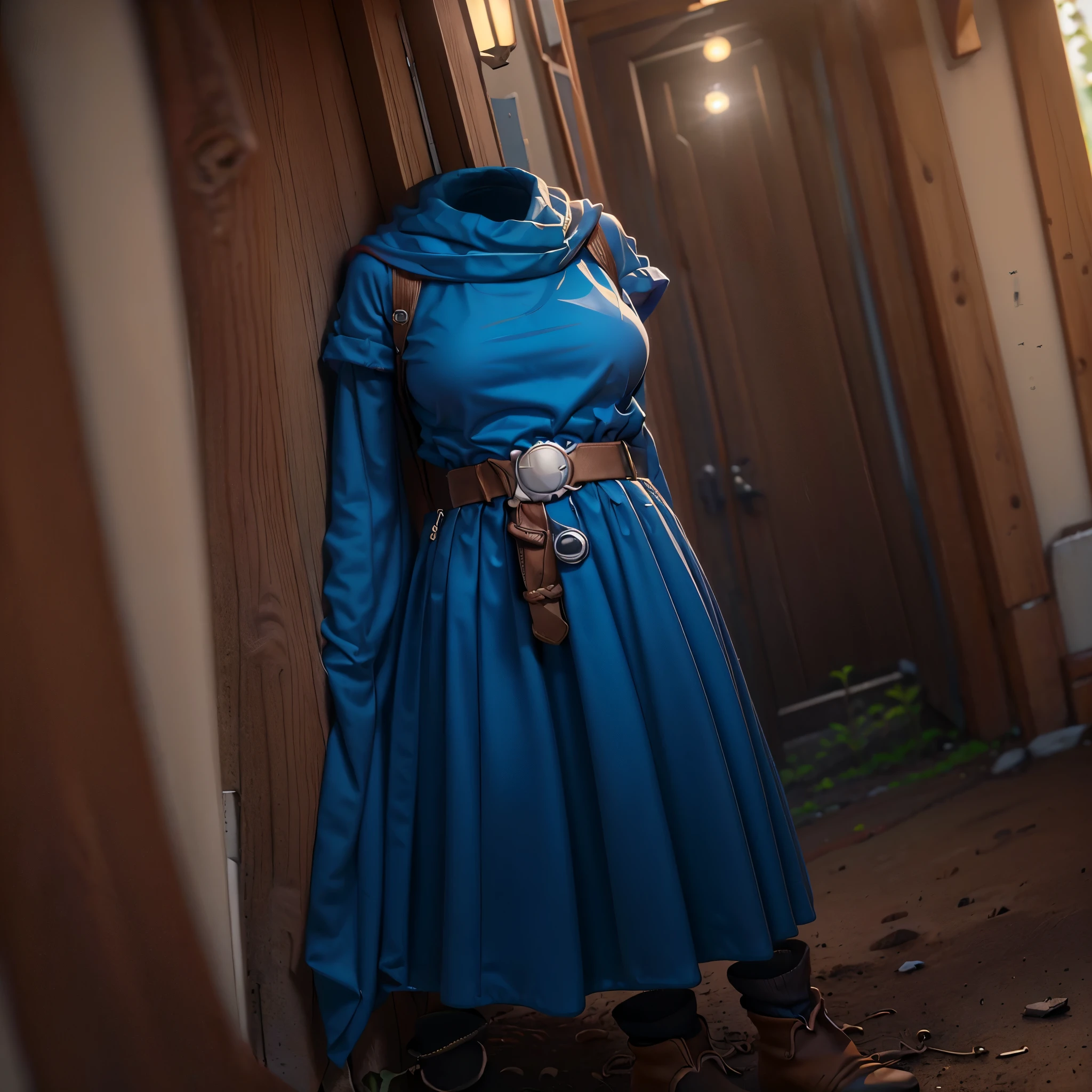 (8k, RAW photo, best quality, masterpiece:1.2), (realistic, photo-realistic:1.37), photon mapping, radiosity, ((Hasselblad photography)), physically-based rendering, (invisible, no humans, headless, faceless:1.5), barbara,cape,light blue dress,belt,socks,boots, (close-up shot of breast:1.3), in forest