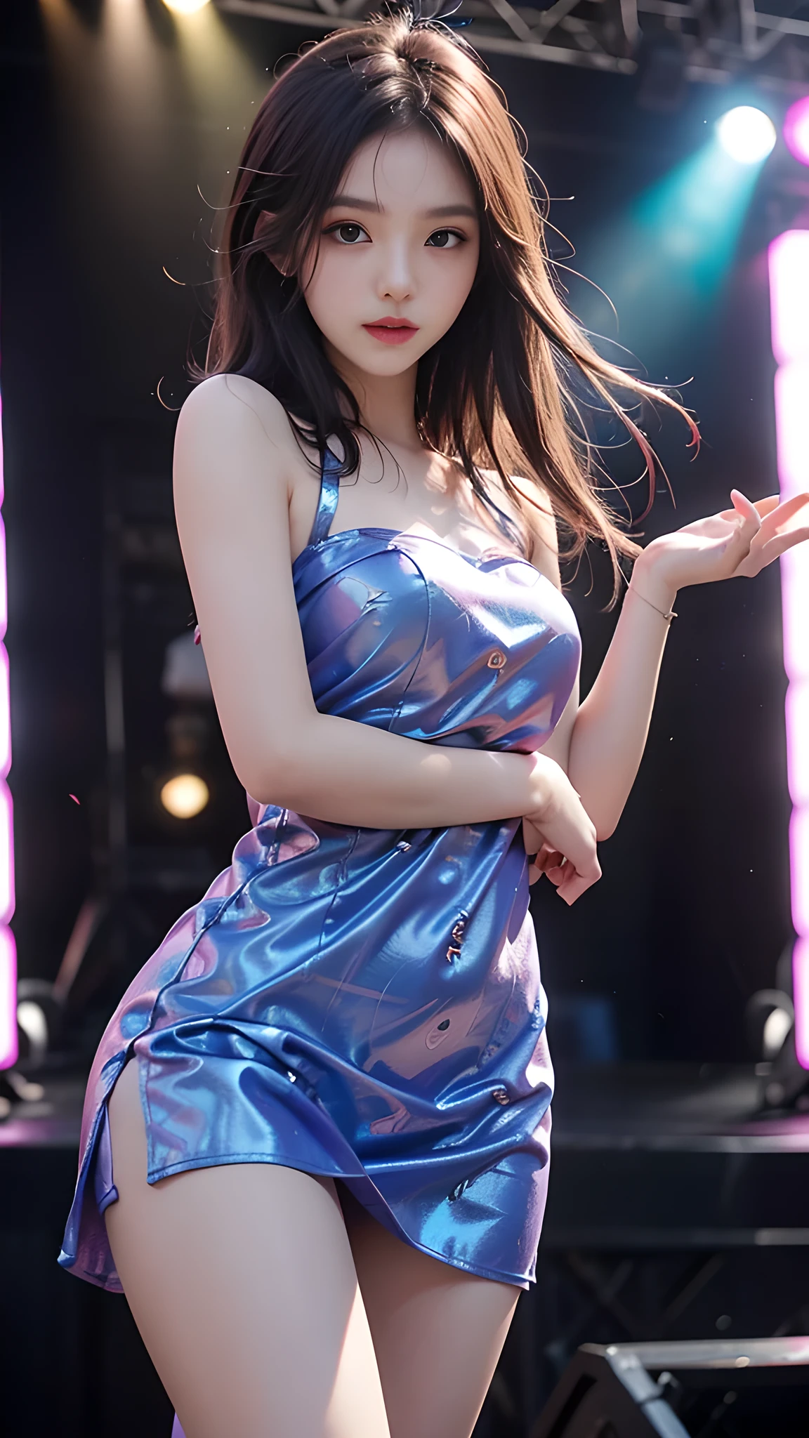 ulzzang-6500-v1.1, (RAW photo: 1.2), (Real photo), (Real photo: 1.4), 1 girl、Perfect anatomy、1、Looking at the camera、Medium length hair、dance dress, ((performing on stage: 1.1))、(Business service)、Asian eyes Ella,