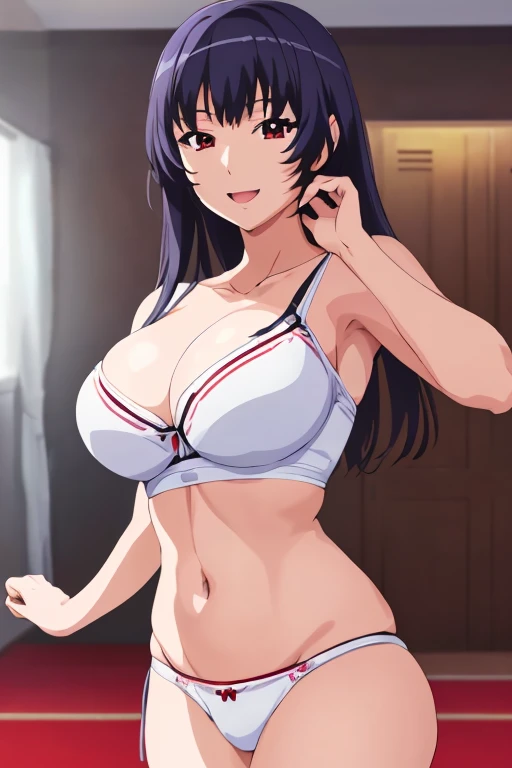 Higashide kei ((The highest quality, high resolution, Masterpiece, detailed)), 1 woman, anime girl, beautiful woman, by the wide, by black, big breasts, red eyes, raised eyebrows, smile, happy, Open mouth, slim body ((standing)) ((white underwear)) background of a room 