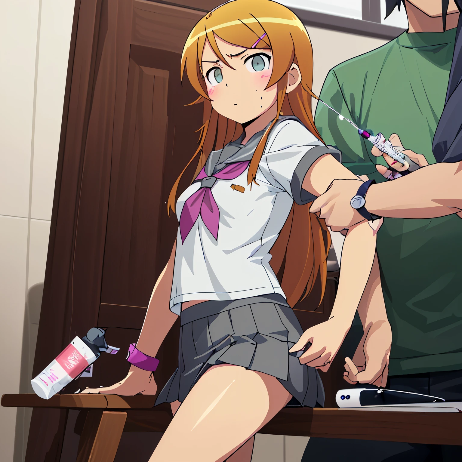  Kousaka Kirino's face contorts in anxiety and discomfort as a steady hand injects a needle into her upper arm. Her wrist is grasped firmly by the practitioner's hand, her gaze fixed on some distant point. The dimly lit setting casts shadows across her features, emphasizing the sharp lines of her grey sailor collar against the crisp white shirt. A subtle hint of grey underskirt adds depth to the composition.