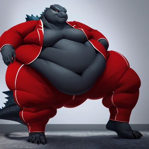 (solo:1.3) fat muscular menacing looking (godzilla:1.3), (elegant red attire suit:1.5), (pudgy obese belly:1.5), (legs spread:1.5), (bedroom:1.5) (standing on floor:1.4), 8k, 1080P, masterpiece