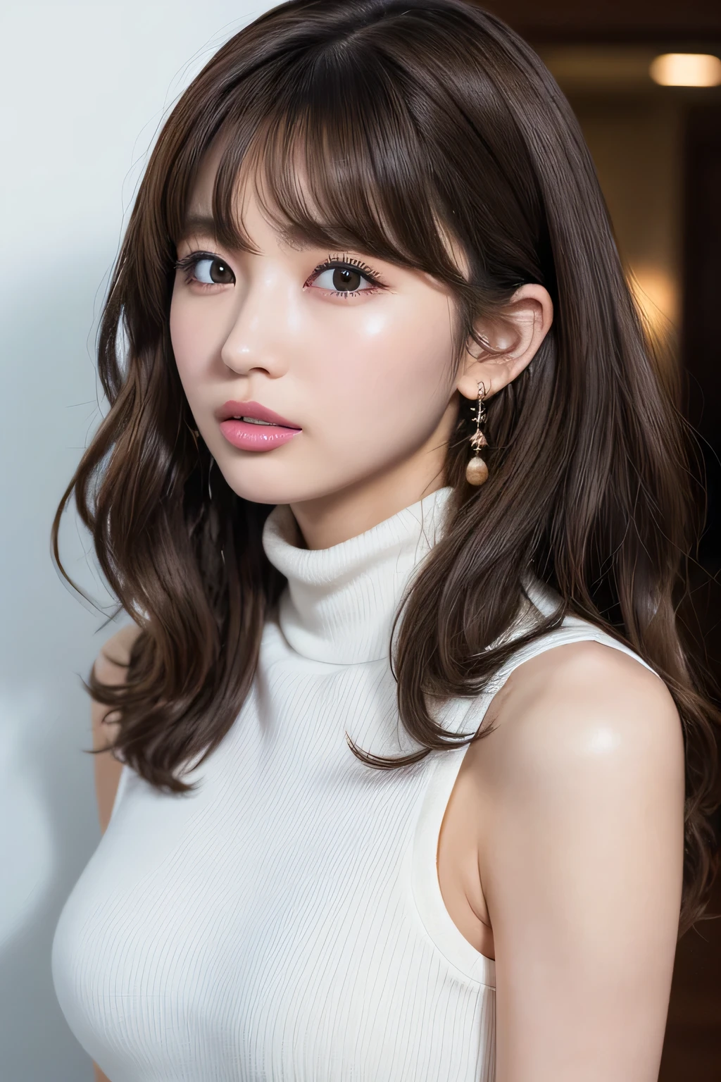 ((Best Quality)), ((masterpiece)), (High-quality photos), (Wavy Hair:1.37), (Brown Hair), (bangs), (beautiful girl), False eyelashes,(Sticking out tongue), Detailed face, detailed eyes, Detailed lips, (Big earrings), Red sleeveless turtleneck dress with ribbed texture and bodycon fit, (White skin), Head Tilt, View Viewer, (Blushed:1.3), (Bust up shot), From the side, (Armpits), Shiny skin, Wet lips, Thin eyebrows, (brown eyes:1.37)
